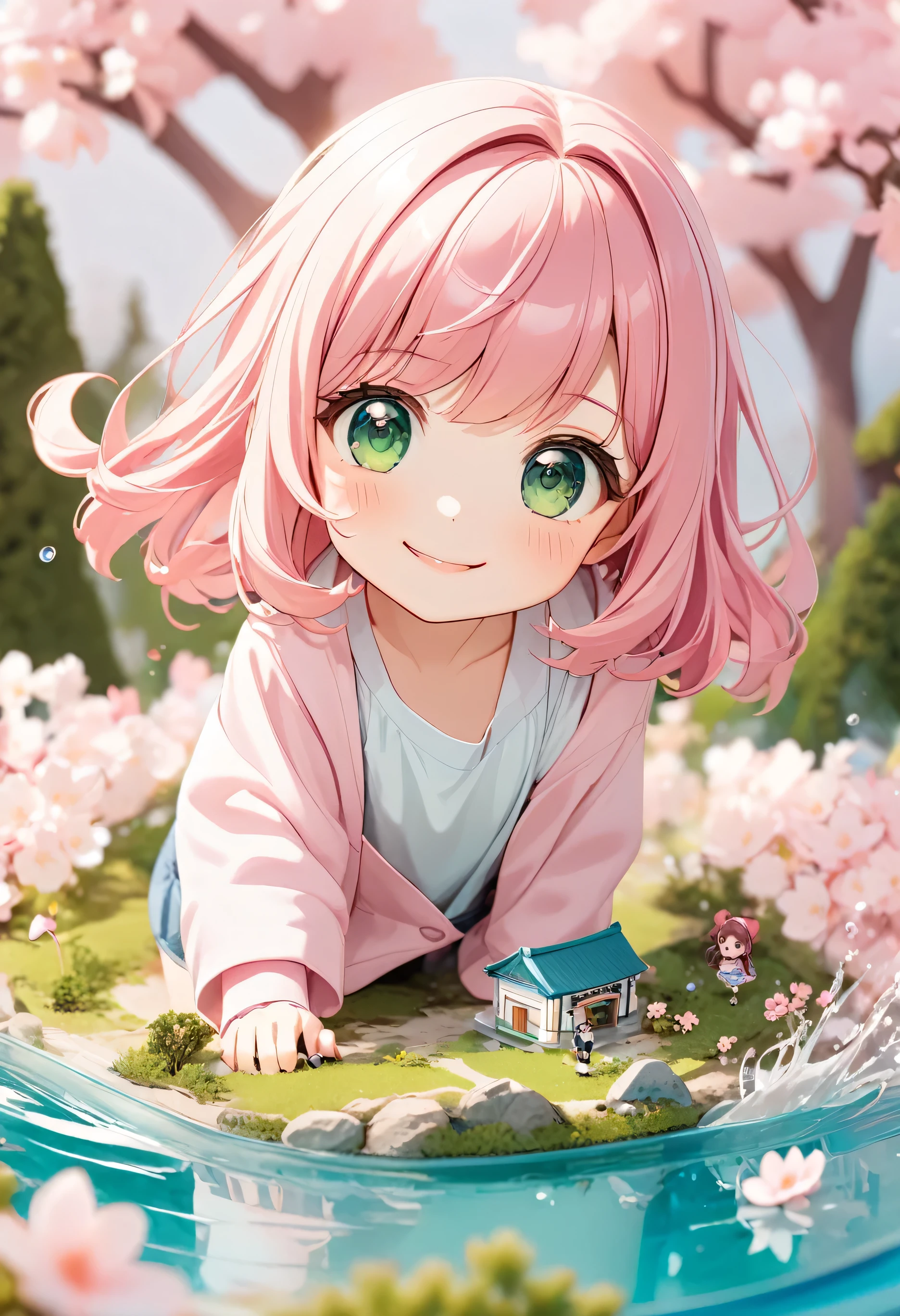 1 girl, long pink hair, (green eyes:1.2), (cute smile:1.3), wearing oversized top, shorts, splashing through water,
BREAK
dynamic angle, micro photography style, diorama setting, miniature scale,
BREAK
cherry blossom park, whimsical anime aesthetic, contained scene, box diorama