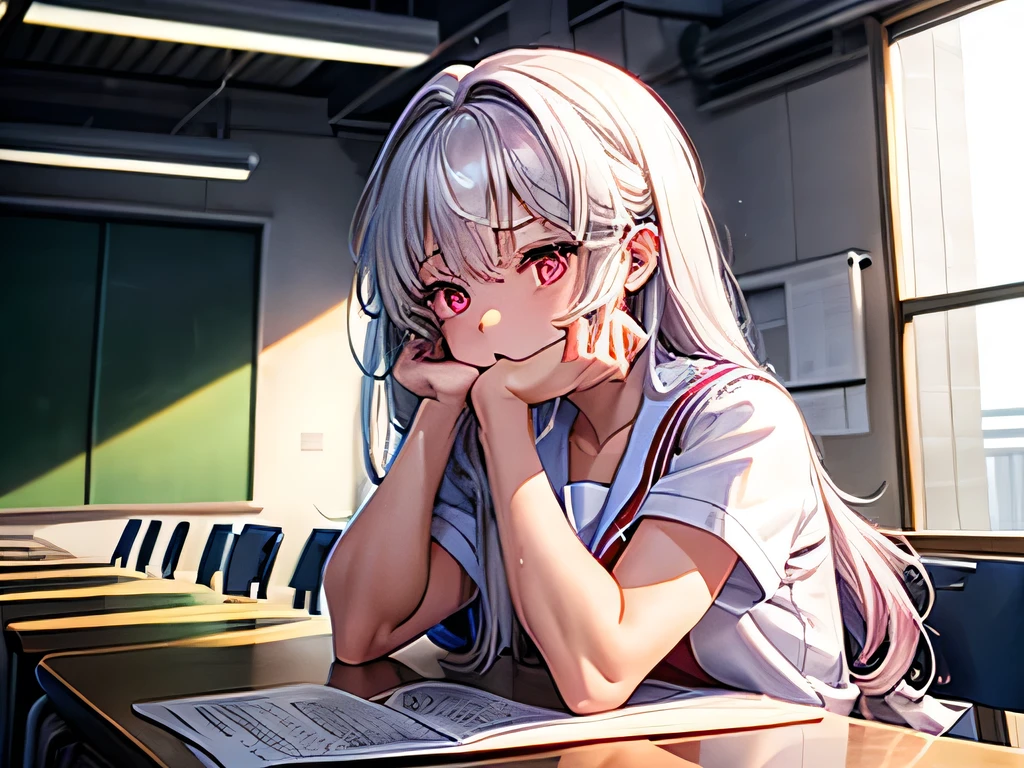 An exhausted Japanese high school girl with long fluffy snow white hair, tired sharp glowing pink eyes with dark circles underneath, a muscularly lean and slim body with extremely defined forearms, wearing a student uniform with short sleeves, showing her muscular forearms in school classroom. She is resting her head on a desk. She is muscularly lean with huge forearms, strong arms and strong pronators.