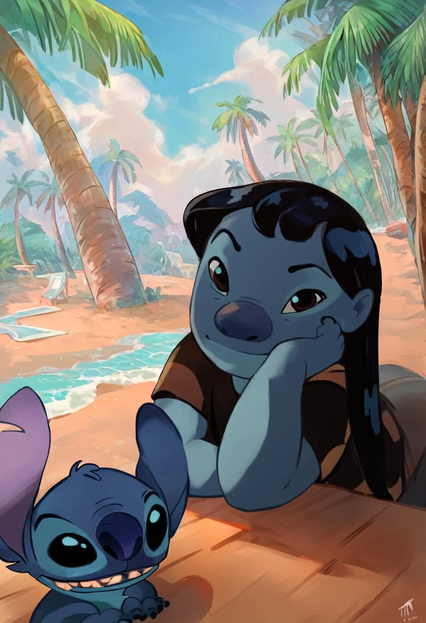 rating_safe, stitch, 1 boy, bold head, blue skin, palm trees, looking at viewer, score_9, score_8_up, score_7_up, score_6_up, score_5_up, score_4_up