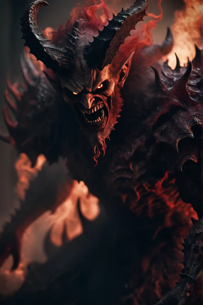 Horror-themed movie stills,A terrifying red-skinned male demon king, (Full body portrait:1.3), (Detailed monstrous evil face:1.4), shout, Large, bat-like wings, (Detailed scaly skin texture:1.2), Long curved corner, (In hell, Swirling Souls of Anguish, Rising Smoke:1.5), Black Spiky Armor,, Shallow depth of field, Vignette, Very detailed, High budget, Bokeh, CinemaScope, Sulky, amazing, nice, Film Grain, granular . Creepy, Anxious, dark, Creepyな, Suspenseful, strict, Very detailed