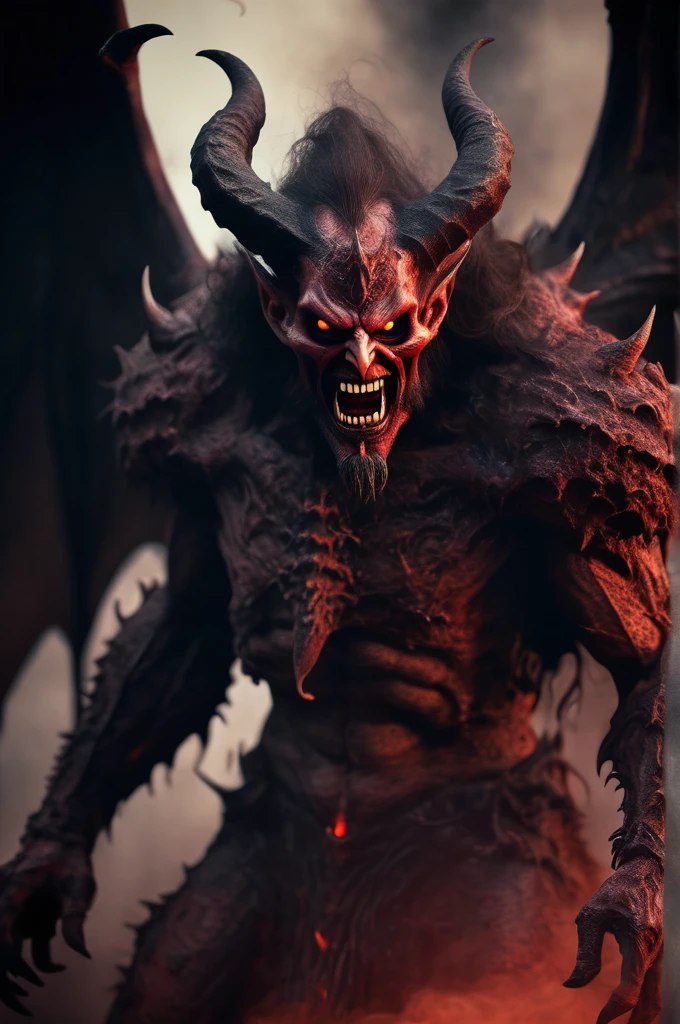 Horror-themed cinematic film still,a horrifying red-skinned male demon king, (full body portrait:1.3), (detailed monstrous evil face:1.4), screaming, wide spread bat like wings, (detailed scaly skin texture:1.2), long curved horns, (in hell, swirling tormented souls, billowing smoke:1.5), black spiky armor,, shallow depth of field, vignette, highly detailed, high budget, bokeh, cinemascope, moody, epic, gorgeous, film grain, grainy . Eerie, unsettling, dark, spooky, suspenseful, grim, highly detailed