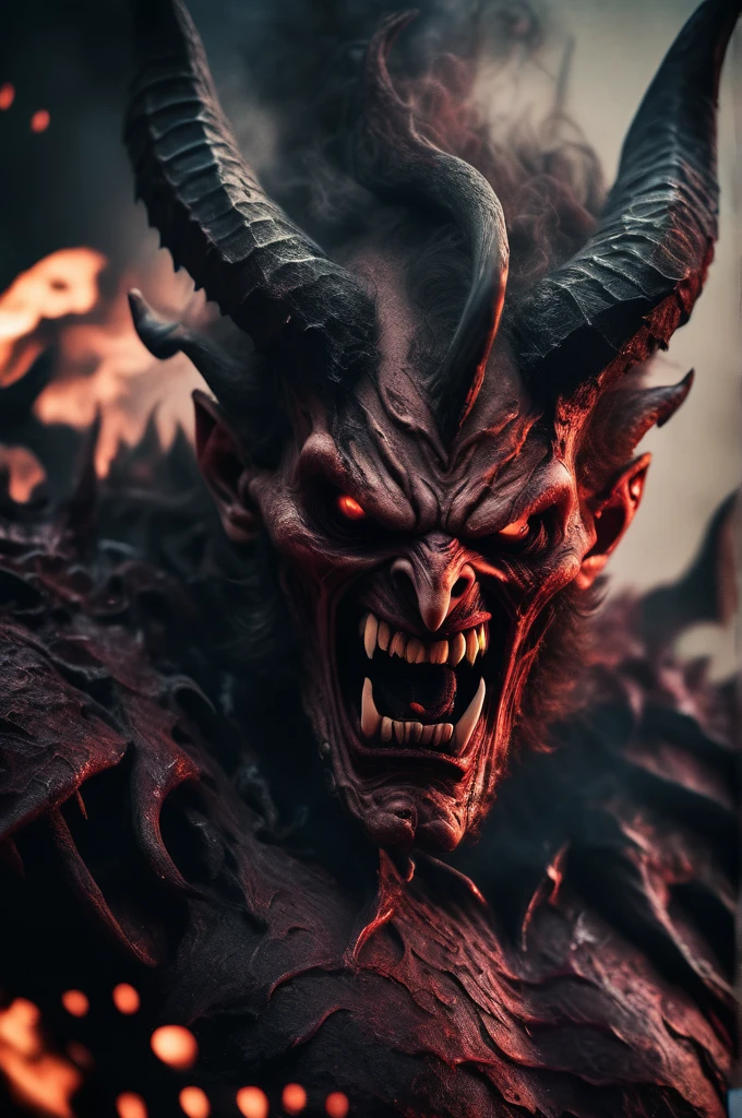Horror-themed cinematic film still,a horrifying red-skinned male demon king, (full body portrait:1.3), (detailed monstrous evil face:1.4), screaming, wide spread bat like wings, (detailed scaly skin texture:1.2), long curved horns, (in hell, swirling tormented souls, billowing smoke:1.5), black spiky armor,, shallow depth of field, vignette, highly detailed, high budget, bokeh, cinemascope, moody, epic, gorgeous, film grain, grainy . Eerie, unsettling, dark, spooky, suspenseful, grim, highly detailed