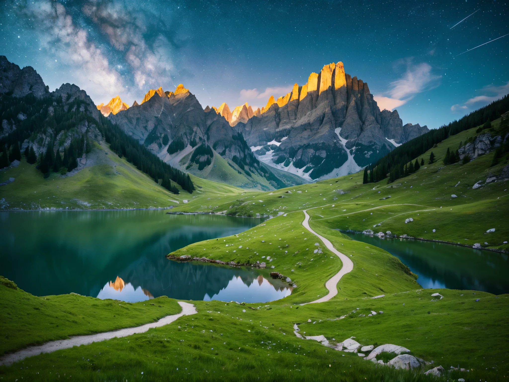 Logo, Awesome, 8K, Tabletop, Raw Photo, Amazing, Top Quality, High Quality, Highly Detailed, Real, Ultra HD, Fantasy, Wind, Story Poetry, Beauty and Radiance of Mountains and Forests, Grasslands of the World The silence and beauty of the vast land, night, starry sky, lakeside, wonderful scenery, beautiful natural scenery.