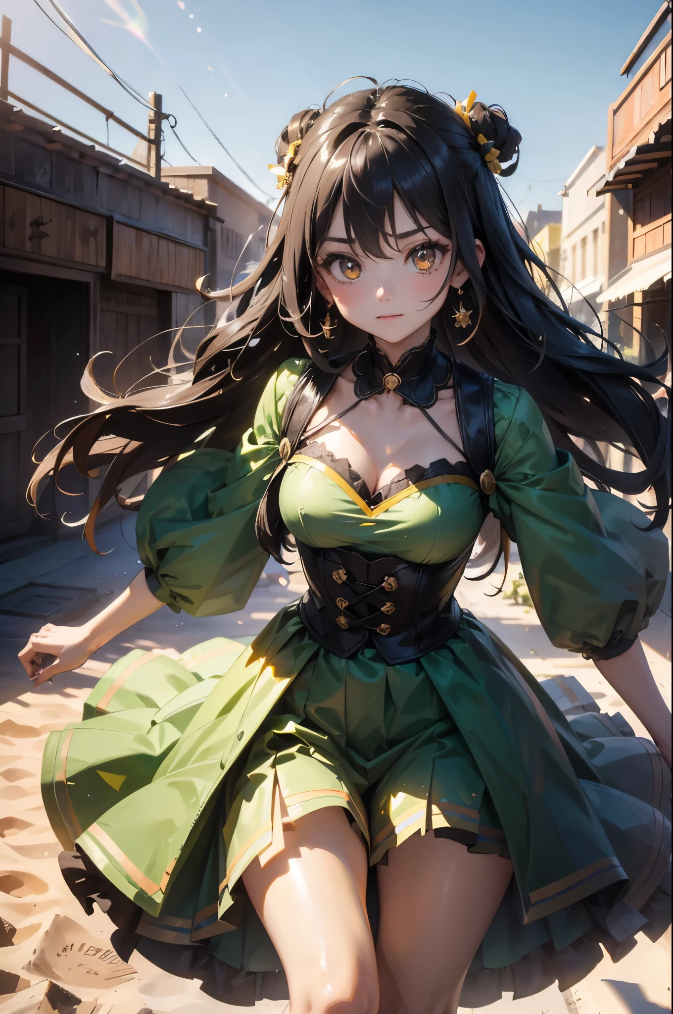 (((完美number,number,Odel Schwank,Green clothes,(((inside, long hair, Facial Tagging, Hair between the eyes, skull,skirt,Yellow eyes,Lower chest,)))型number:1.7))),((masterpiece)),high resolution, ((Best quality at best)),masterpiece,quality,Best quality,((( Exquisite facial features,looking at the audience,There is light in the eyes,Happy,Interweaving of light and shadow,))),(((looking at camera,Desert Background,)))