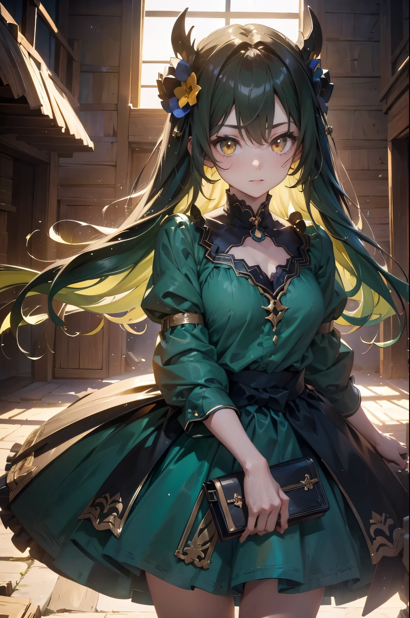 (((完美number,number,Odel Schwank,Green clothes,(((inside, long hair, Facial Tagging, Hair between the eyes, skull,skirt,Yellow eyes,Lower chest,)))型number:1.7))),((masterpiece)),high resolution, ((Best quality at best)),masterpiece,quality,Best quality,((( Exquisite facial features,looking at the audience,There is light in the eyes,Happy,Interweaving of light and shadow,))),(((looking at camera,Desert Background,)))