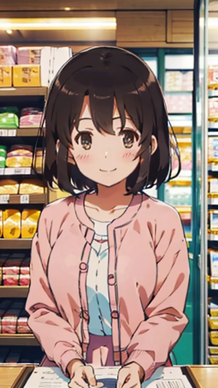 
Nishizumi maho,
Pink jacket,Pink Skirt,
Semi-short hair,Brown Hair,Brown Eyes,Slanted Eyes,
Smiling expression,blush,
Inside the store,Drink in left hand,
Beautiful image quality,