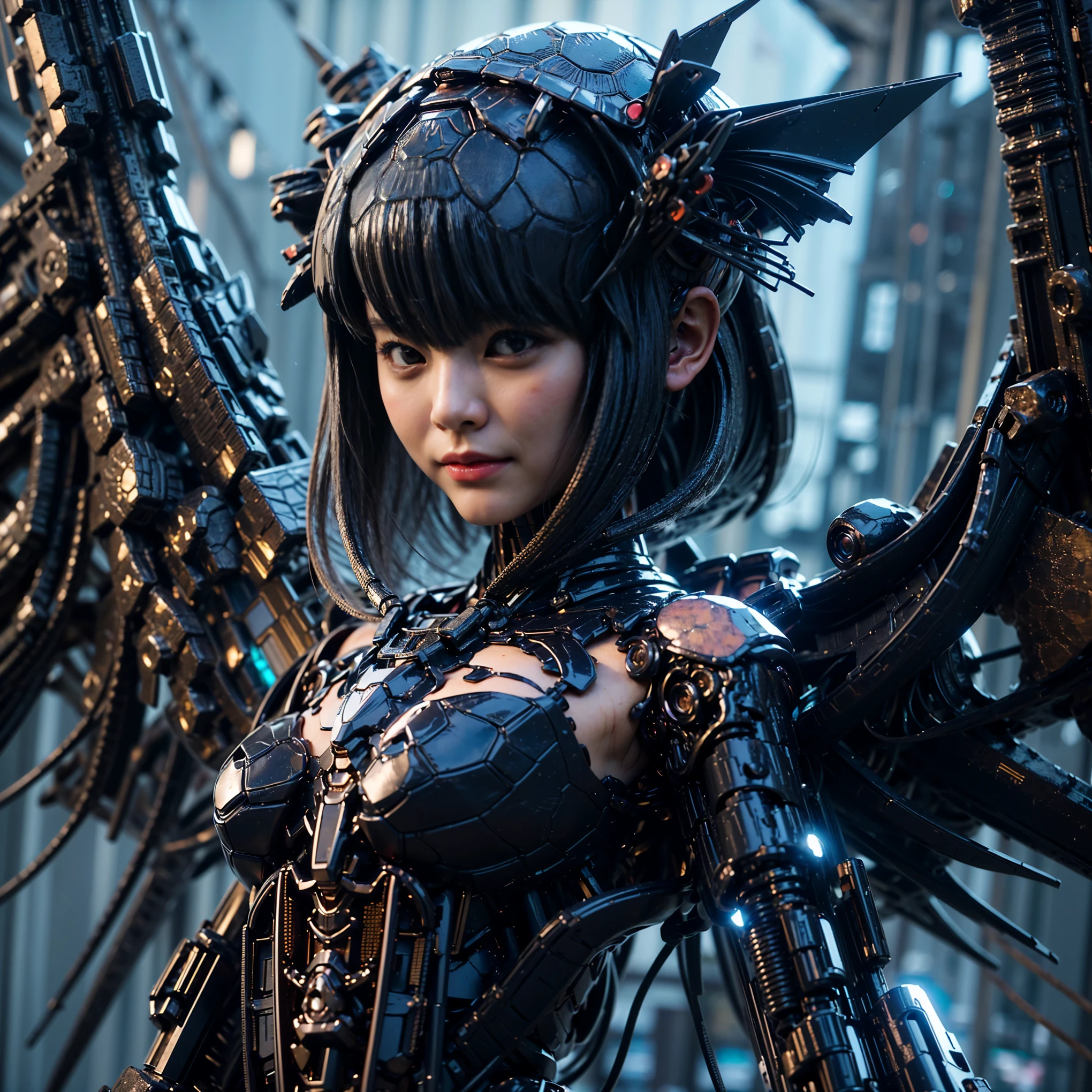 (high resolution,masterpiece,best quality,extremely detailed CG,),(japanese girl face), realistic, photorealistic, cinematic lighting, ultimately realistic all textures, ultimately intricate all details, all intricate, gloss and shiny,awesome many layers, 8k wall paper, 3d, ultimately cute face, ( solo:1.4), perfect female proportion,villainess, (fusion of turtle and lady:1.4), (turtle form lady:1.2), (turtle lady:1.2), (fusion:1.2), (solo:1.4), (smile:1.2), muscular, abs, (Armor intricately composed of small parts:1.2), (Complex and three-dimensional shapes), (mechanical armor:1.3), (turtle-type powered suit:1.2), (Turtle-type reinforced exoskeleton suit:1.4), (Turtle-type reinforced exoskeleton armor:1.2)