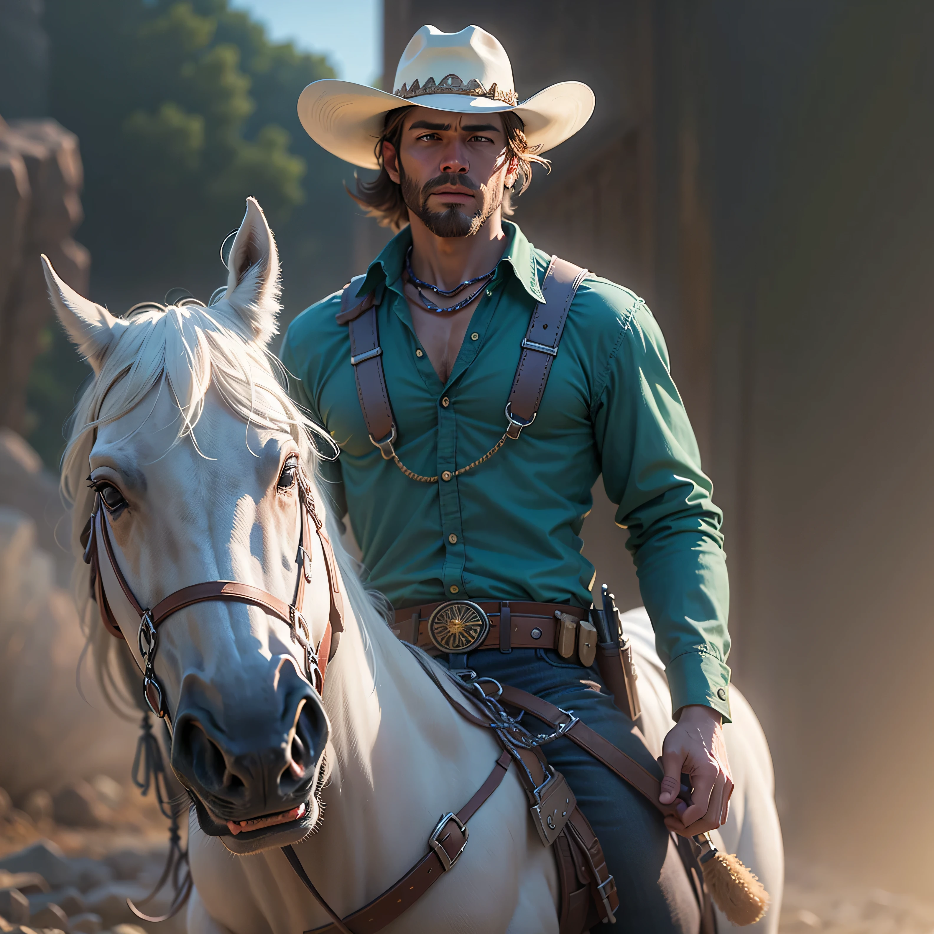 a caucasian Cowboy stuck in the Wild West, with hero mask over eyes, blue shirt, blue pants, white cowboy hat, White horse, masterpiece,kbak style,epic,8k,cinematic,trending on artstation and deviantart,ultra detailed