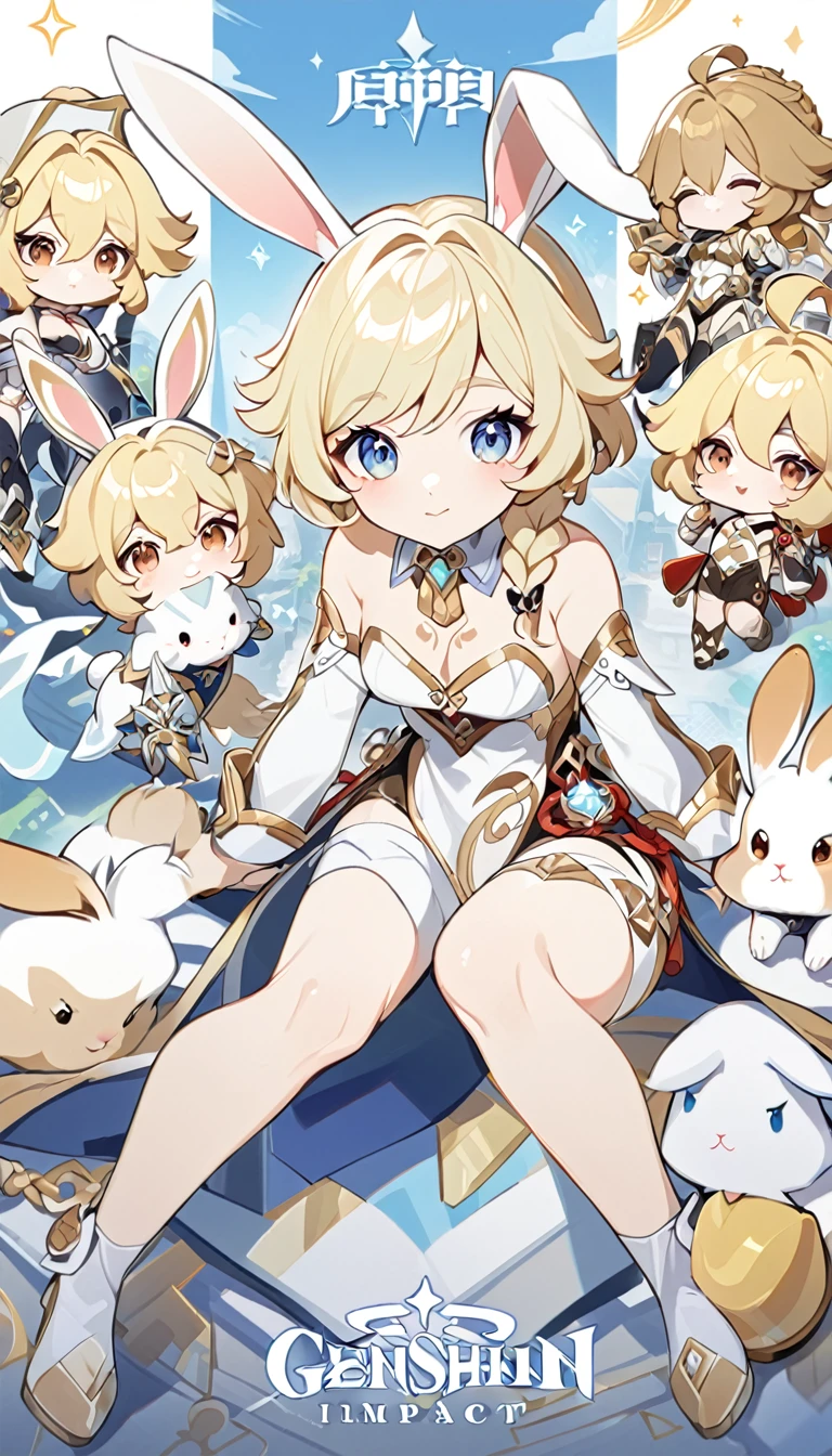 cute bunny girl,the hoiovser woman,white combat clothes, cleavage, genshin impact, cute face, blonde hair, rabbit ears, short hair,Full-length, as from the cover,one white strand on the bangs, white and gold clothes, many accessories on the head, a rabbit,super cute face, red and white combat braid, shorts, bare belly, chest mark 