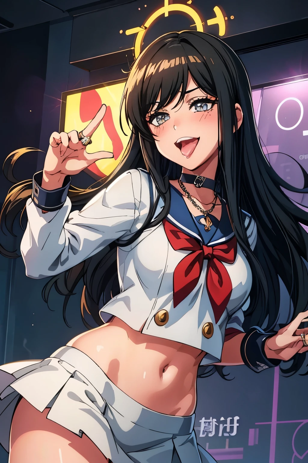 tsubakid4dj,  jewelry, very long hair, choker, shiny, necklace, shiny hair,  swept bangs, ring, big breast, blush, lipstick, masterpiece, best quality, highly detailed, a anime girls in sailor uniforms with a gun posing for a picture, evil smile, smile, open mouth,black_serafuku, ecchi anime style, anime girls , ecchi style, ecchi, shipgirls, digital anime art!!, high school girls, holding a gun, hold a gun, anime style 4 k, micro skirt, exposed belly, exposed navel, exposed midriff, exposed lower belly,school, classroom , mouth open and tongue out, open,,open arms sideway, arms T-pose, smirk, standing, anime girl T posing