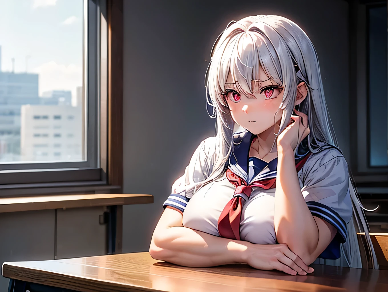 An exhausted Japanese high school girl with long fluffy snow white hair, tired sharp glowing pink eyes with dark circles underneath, a muscularly lean and slim body with extremely defined forearms, wearing a student uniform with short sleeves, showing her muscular forearms in school classroom. She is resting her head on a desk. She is muscularly lean with huge forearms, strong arms and strong pronators.