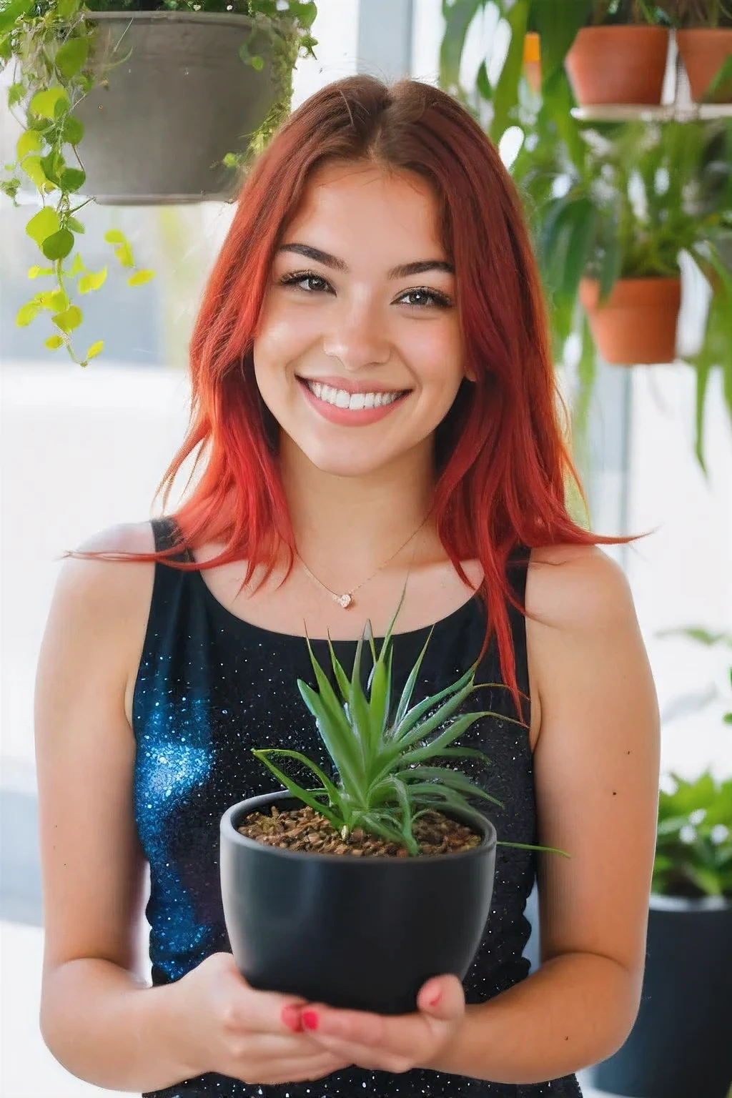 girl with red hair smiling, holding a beautiful crassula plant in a pot, in a galaxy shimmering detailed.

