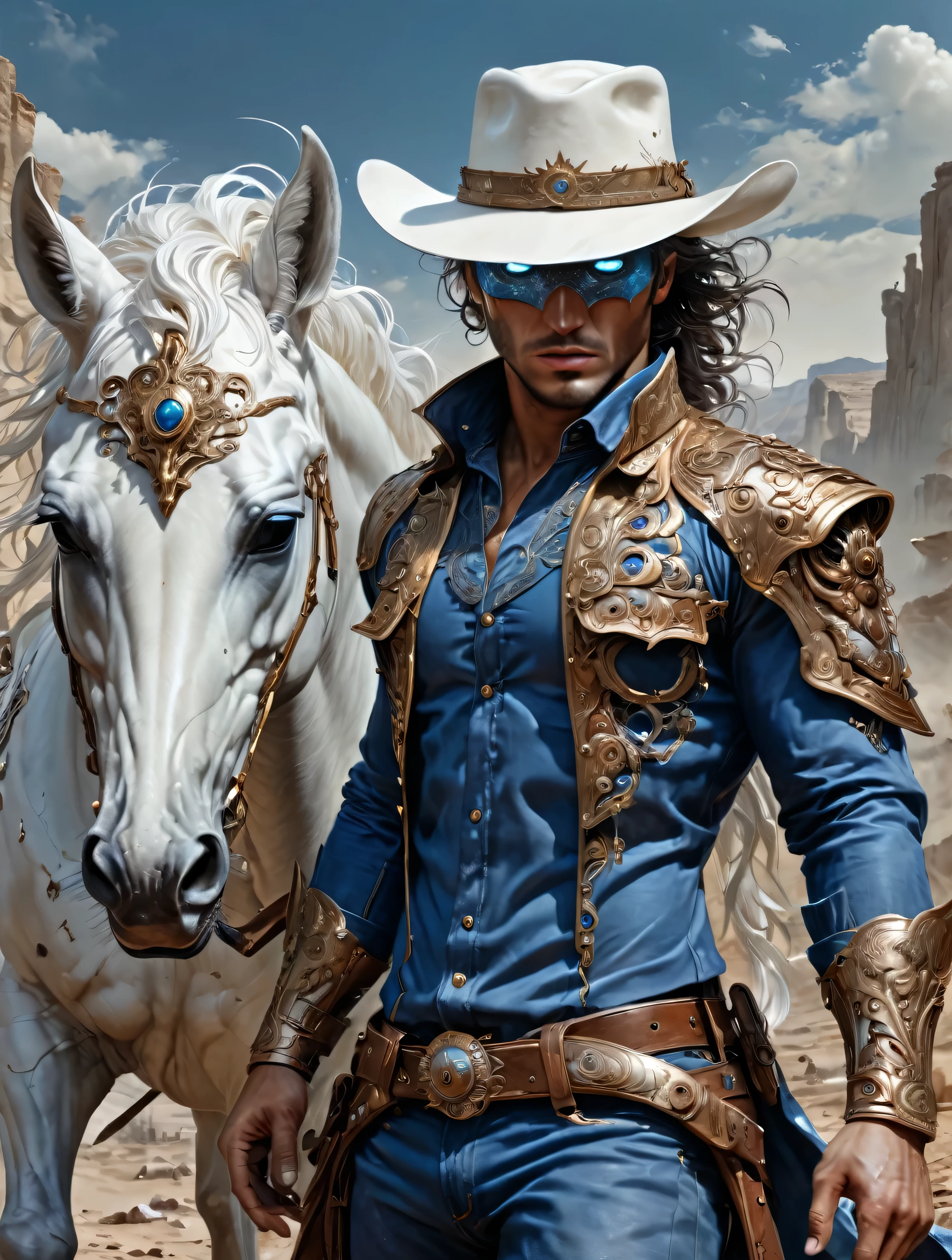 a caucasian Cowboy stuck in the Wild West, with hero mask over eyes, blue shirt, blue pants, white cowboy hat, White horse, masterpiece,kbak style,epic,8k,cinematic,trending on artstation and deviantart,ultra detailed