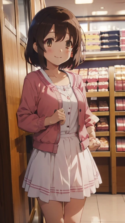 
Nishizumi maho,
Pink jacket,Pink Skirt,
Semi-short hair,Brown Hair,Brown Eyes,Slanted Eyes,
Smiling expression,blush,
Inside the store,Drink in left hand,
Beautiful image quality,