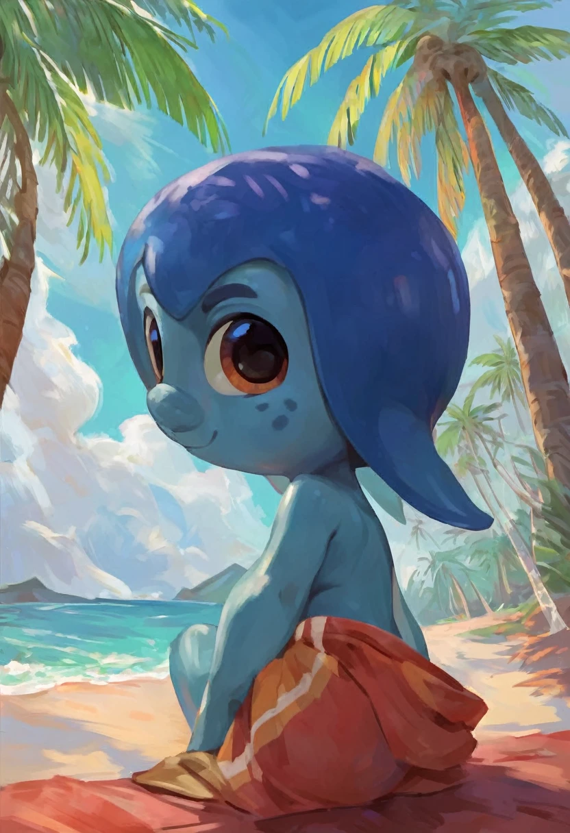 rating_safe, hammerface, 1 boy, bold head, blue skin, palm trees, looking at viewer, score_9, score_8_up, score_7_up, score_6_up, score_5_up, score_4_up