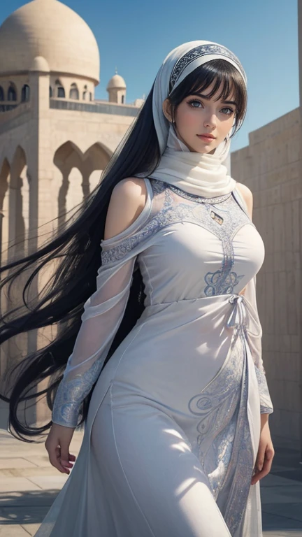 (Masterpiece, top quality, best quality, official art, beautiful and aesthetic: 1.2)
(1girl)
(Hyuga Hinata from Naruto anime, long curly hair flying in the wind, radiant white eyes, captivating with Byakugan eyes)
(Beautiful, ethnic allure in sexy clothes)
(Majestically posing against a mosque background)
(Ultra detail, realistic representation of fabric texture, wrinkles, and intricate hijab design)
(Her mesmerizing eyes reflecting tranquility and strength, gaze fixed on the viewer)
Proportional body, perfect body figure, alluring, glamorous, sexy, portrait, smile