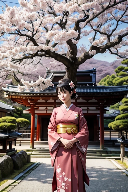 Kyoto temple Maiko posing Cherry tree in full bloom tourist