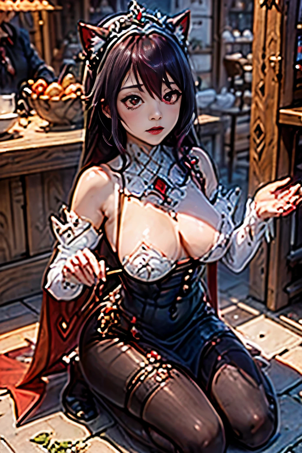 junkotvv como rosariadef rosariarnd rosariafreespirit pelo pelo largo (ojos rojos, orejas de gato) big breasts hair ornament jewelry hair between eyes,Hija,chica adolescente,teardrop,llanto,desgarrado,correa de cadena,behind the arm,kneeling down,encadenar,bdsm,coletas altas