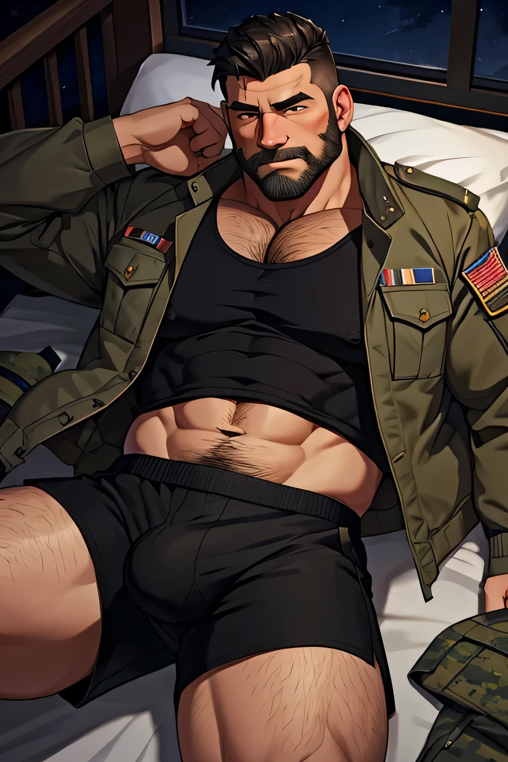 male, (full nude, only military jacket, only, only black shorts,) muscular, hairy, blush, middle aged man, realistic, night, lying on bed, big bulge,