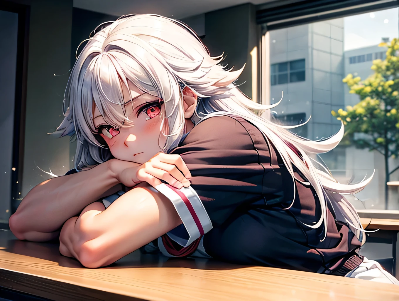 An exhausted Japanese high school girl with long fluffy snow white hair, tired sharp glowing pink eyes with dark circles underneath, a muscularly lean and slim body with extremely defined forearms, wearing a student uniform with short sleeves, showing her muscular forearms in school classroom. She is resting her head on a desk. She is muscularly lean with huge forearms, strong arms and strong pronators.