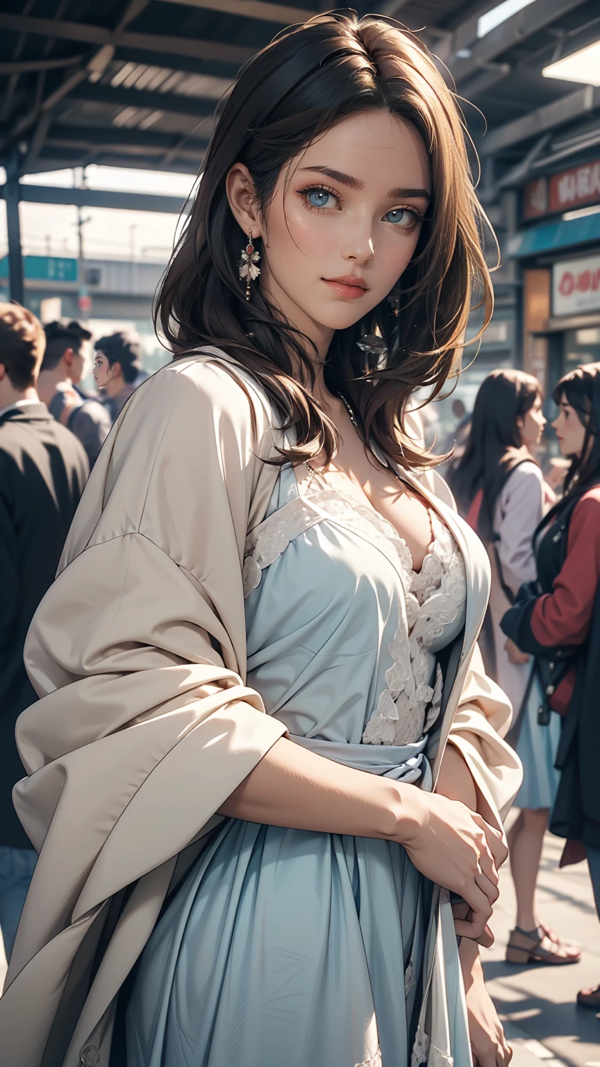 (Black rider jacket:1.1), (masterpiece, highest quality, pretty girl, Beautiful Face, 8k, RAW Photos, Realistic, Absurd:1.2), s, Cowboy Shot, Dutch Angle, Face Light, Film Grain, chromatic aberration, High resolution, Super detailed, In detail, Light blue ruffle lace dress, Detailed skin, eyes and face, Sharp pupils, Realistic students, Sharp focus, street、Cleavage Emphasis