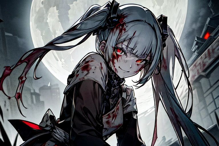 White Mask、From below、Low - Angle、vampire、From below、full moon、night、🌕、Black pleated skirt、miku hatsune、Horror、Goth Punk、Long Hair、Twin tails、Disheveled Hair、length、Blunt bangs、Ahegao ( fool / Sexual Ecstasy)、cadaver、Bloody、Blood splatter、Dark shades、red tint、Maid、Green Hair、Grinning smile