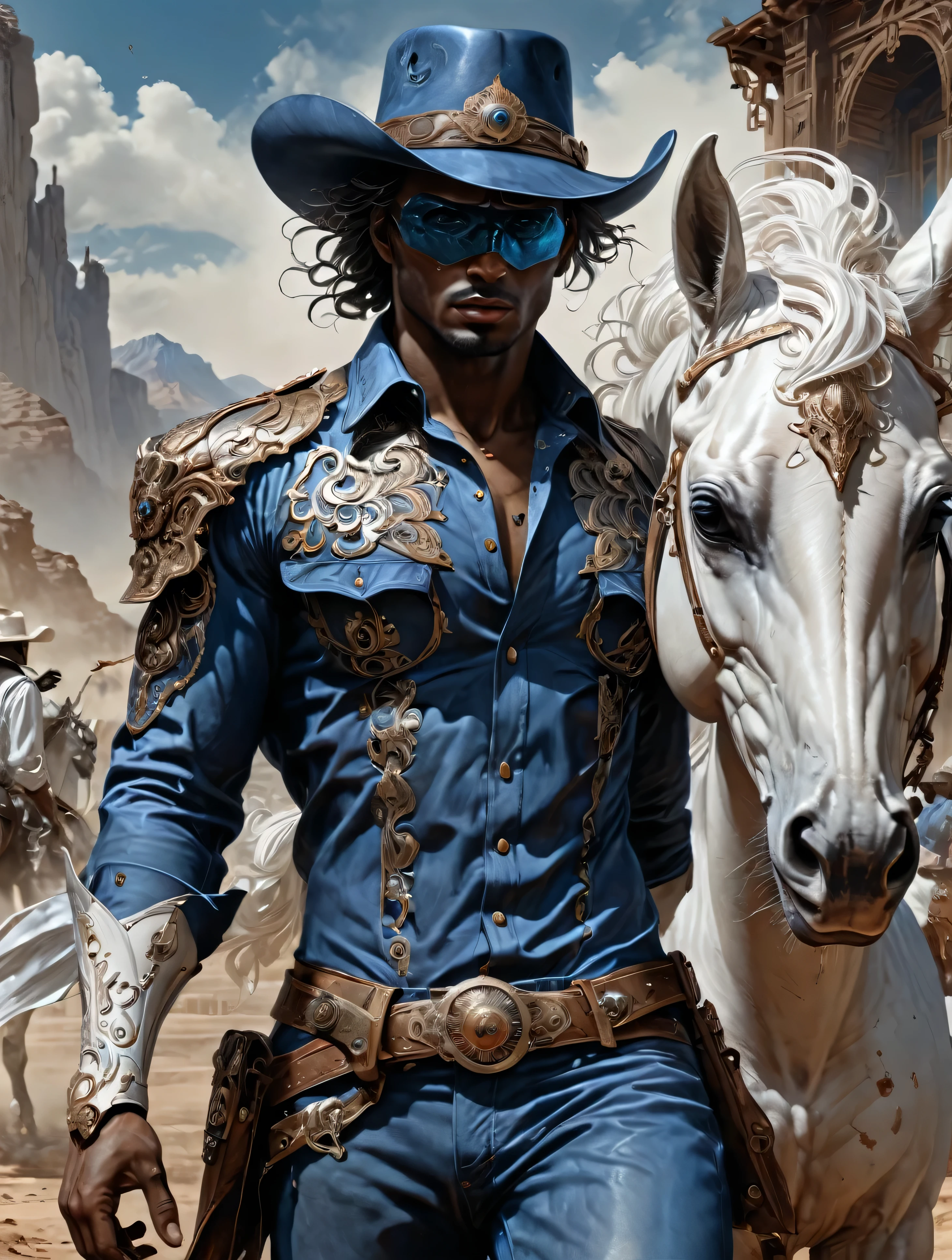 a Cowboy stuck in the Wild West, with black hero mask, blue shirt, blue pants, white cowboy hat, White horse, masterpiece,kbak style,epic,8k,cinematic,trending on artstation and deviantart,ultra detailed