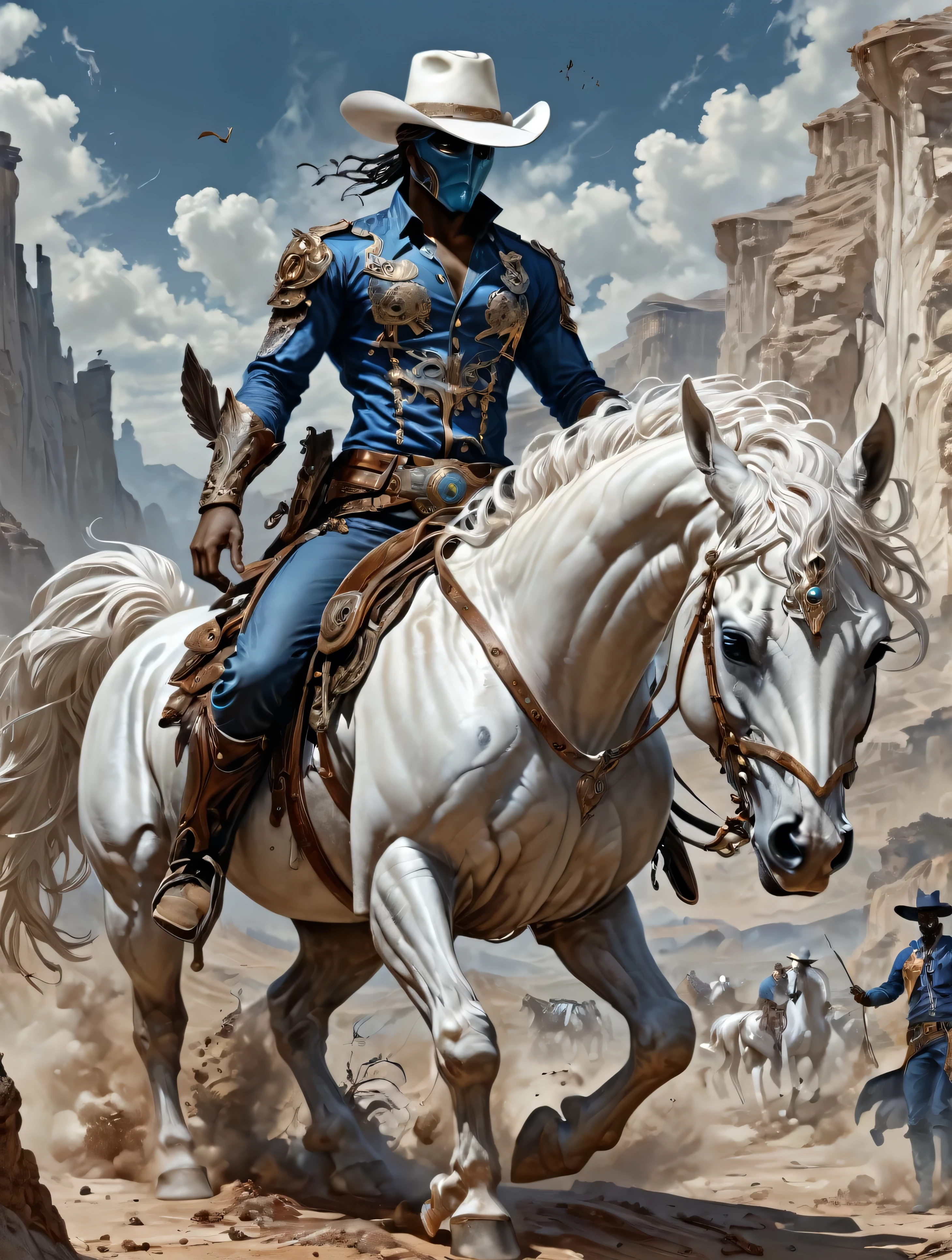 a Cowboy stuck in the Wild West, with black hero mask, blue shirt, blue pants, white cowboy hat, White horse, masterpiece,kbak style,epic,8k,cinematic,trending on artstation and deviantart,ultra detailed