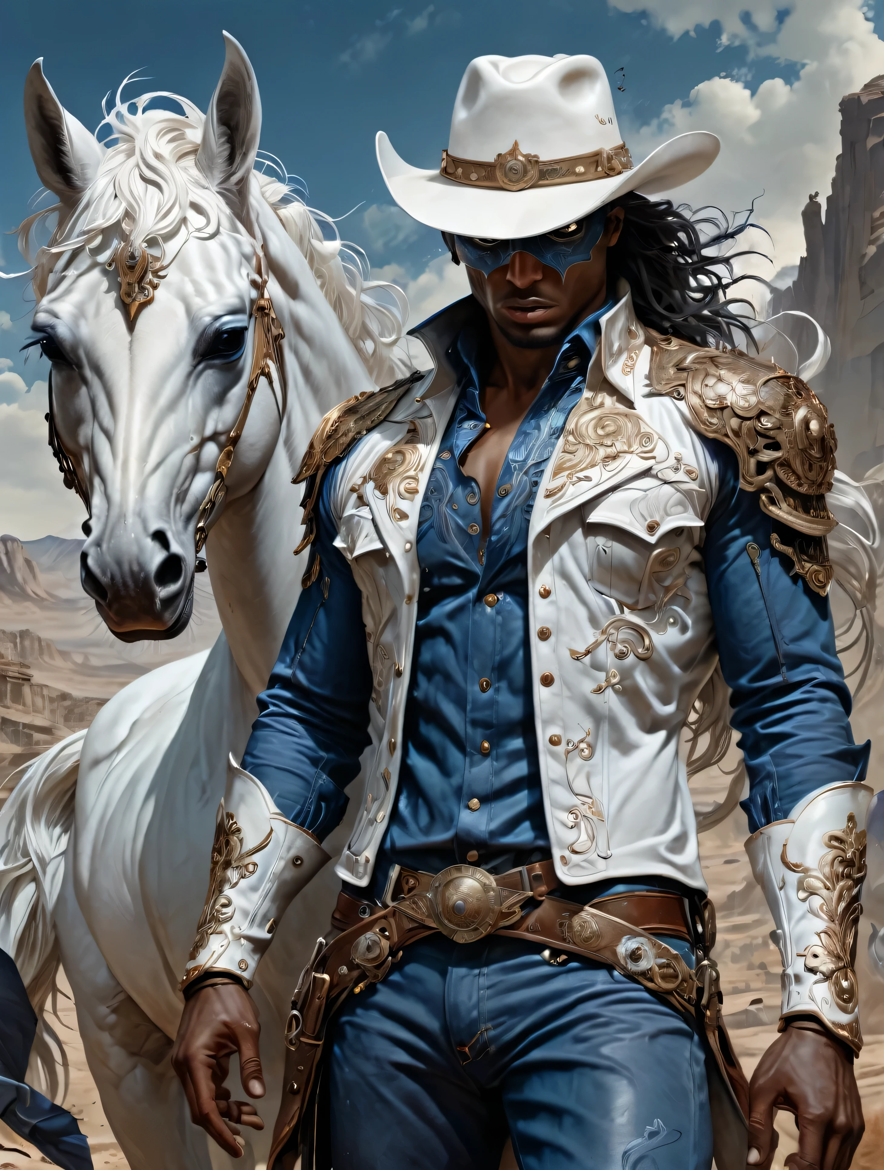 a Cowboy stuck in the Wild West, with black hero mask, blue shirt, blue pants, white cowboy hat, White horse, masterpiece,kbak style,epic,8k,cinematic,trending on artstation and deviantart,ultra detailed