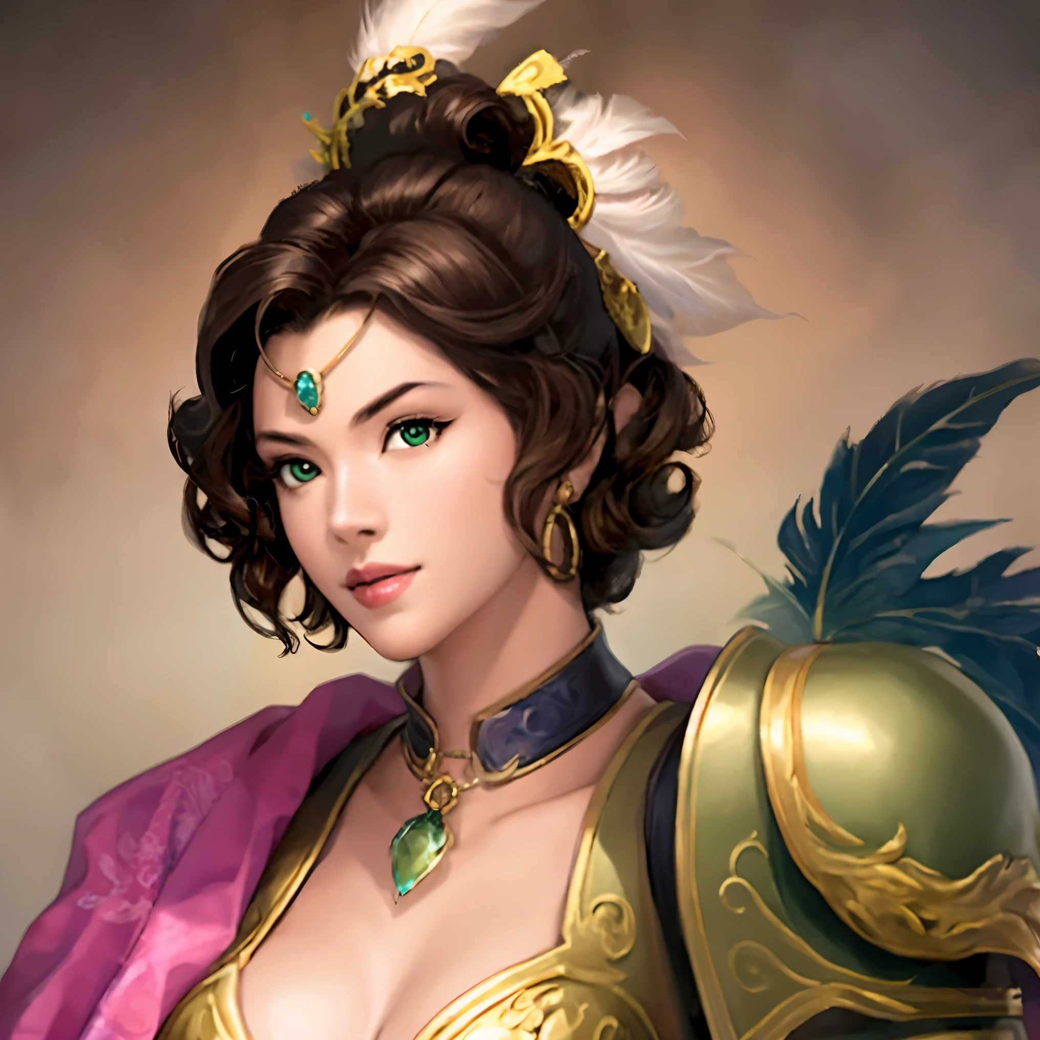 1girl:1.5, masterpiece, best quality, best detail, best proportion, best anatomy, best face, best shaped breasts, (sangokushi_nanman):2, upper body, face, leather armor, ebony skin:1.2, green eyes, curly short hair, light brown hair, circlet, feather,