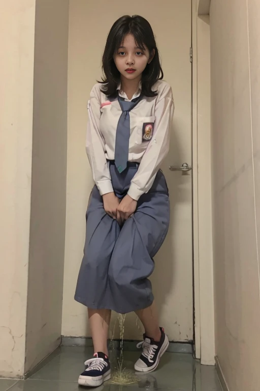 (urination:1.1), (pp clothes), (realistic), (peeing:1.1), (Indonesian face), A kidnap girl tie to a chair peeing in skirt, peeing herself, peeing, pissing, peeing self, wetting her clothes, can't hold her pee face, wetting herself desperate, pee desperation pose, her body can't hold her pee and wets herself, showing absolute desperation peeing herself, pee runing down her legs, standing up, hyper pee desperate face, big pee puddle.