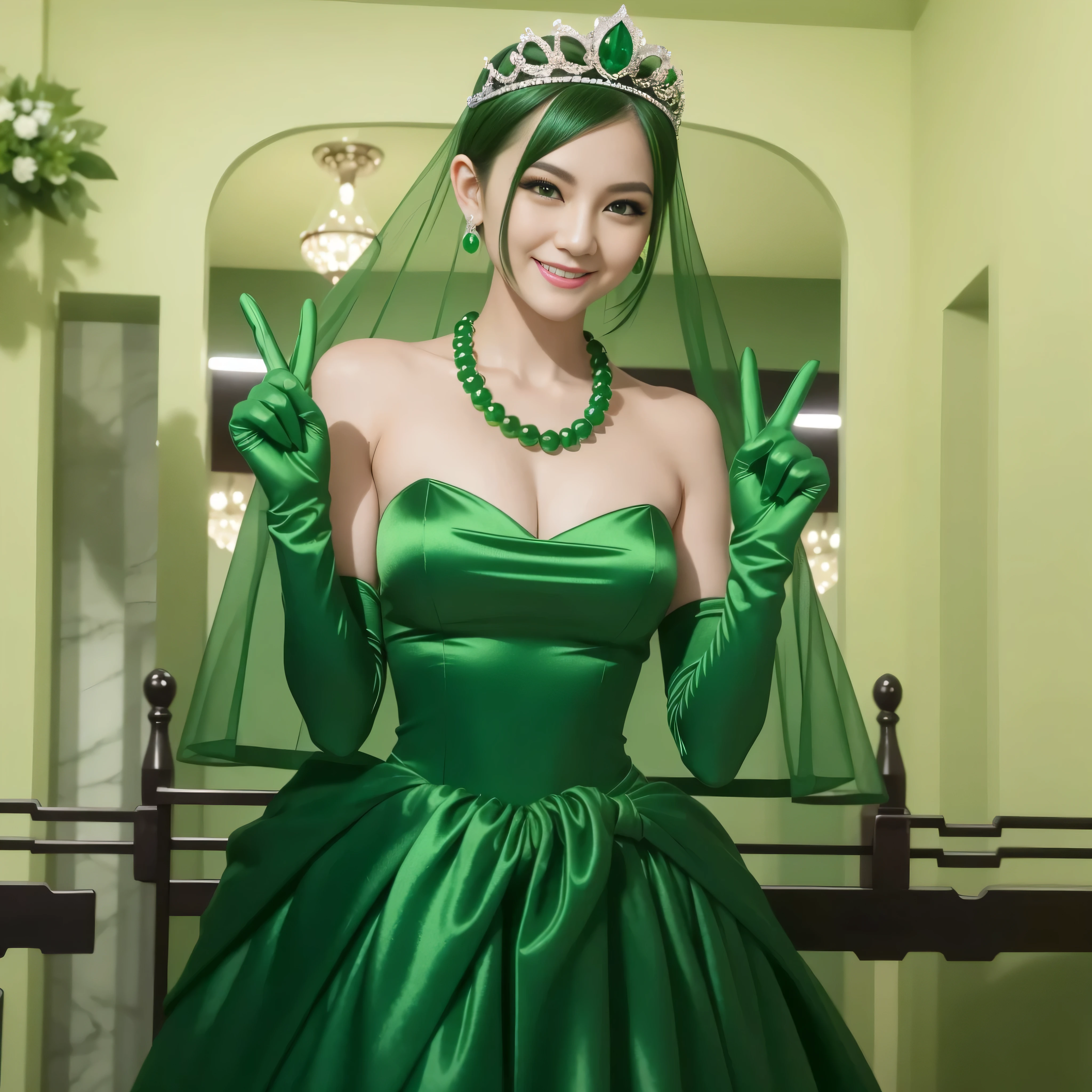 Emerald tiara, Green Pearl Necklace, Boyish very short green hair, lipstick, Smiling Japanese woman, Very short hair, Big and beautiful, Green Eyes, Long green satin gloves, Green Eyes, V sign, Emerald Earrings, Green veil, peace sign, 30-year-old female, Bride in her 30s