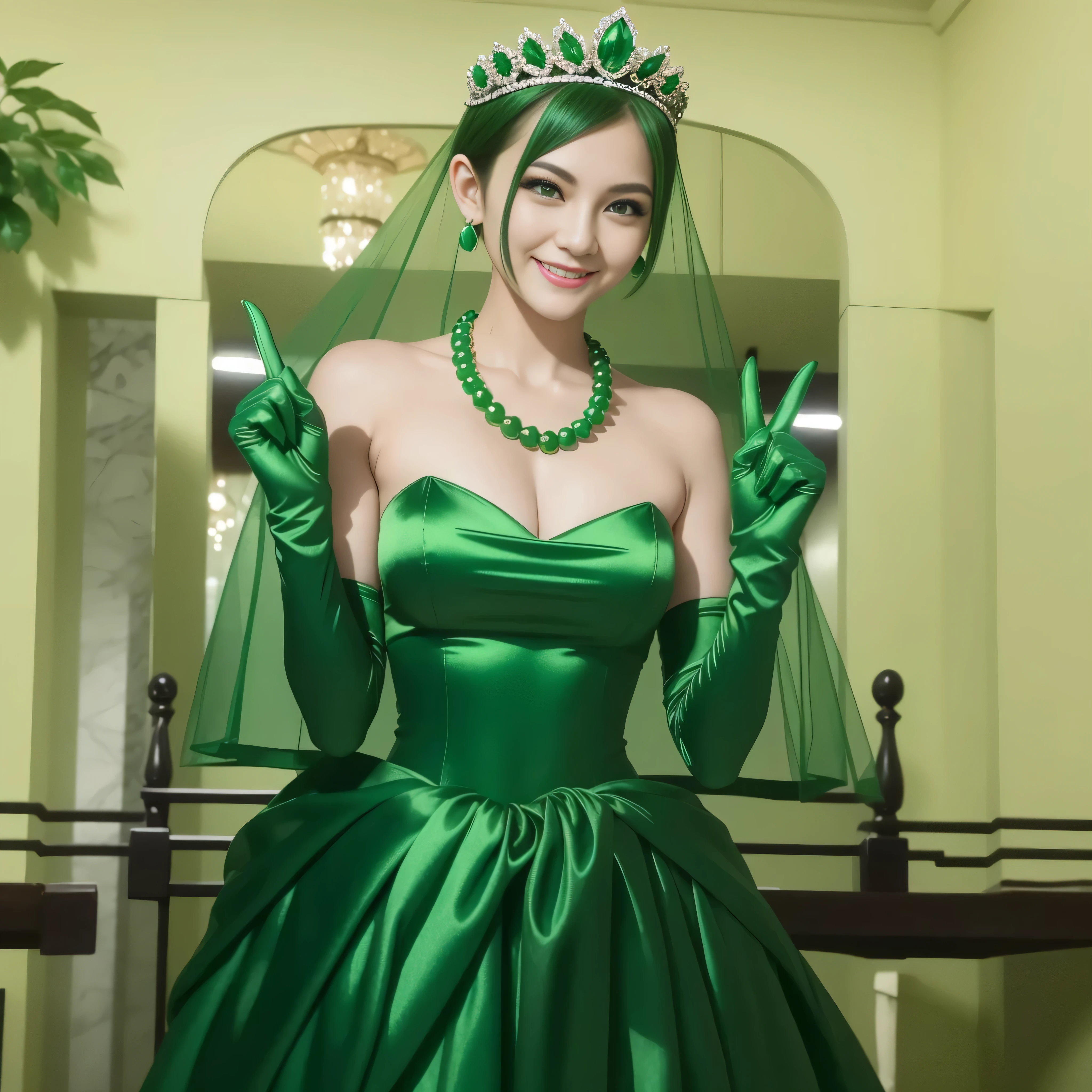 Emerald tiara, Green Pearl Necklace, Boyish very short green hair, lipstick, Smiling Japanese woman, Very short hair, Big and beautiful, Green Eyes, Long green satin gloves, Green Eyes, V sign, Emerald Earrings, Green veil, peace sign, 30-year-old female, Bride in her 30s