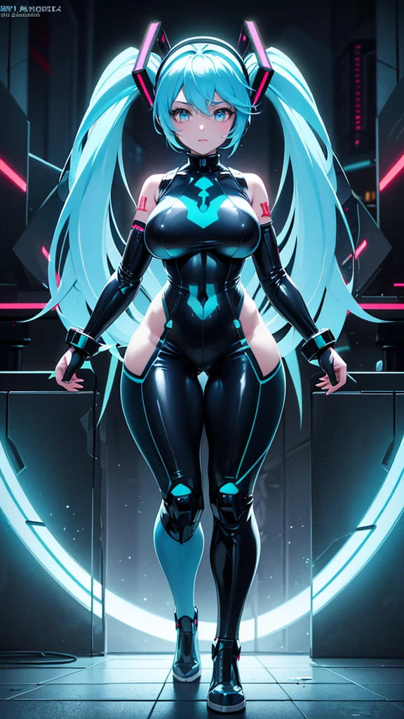 (Highest quality)), (masterpiece), Hatsune Miku VOCALOID, (Twin tails), Light Blue Hair, Water-colored Pupils, Cyberpunk, Ultimate Physical Beauty, Big Ass, (Big Breasts), ((Body suits)), 12-Legged Girl Has electronic visor fitted to her face, red latex body, cyberpunk mode, (light blue hair: 1.4), breast enlargement, neon lights in the dark city at night, Unreal Engine: 1.4, ultra-high resolution, La highest quality: 1.4, Realistic: 1.4, Skin Texture: 1.4, masterpiece: 1.8, masterpiece, highest