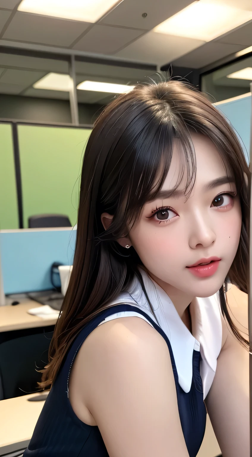 (((masterpiece))),(((High resolution)))、(((8K quality)))、(((perfect face)))、(((Beautiful office woman))), ((sleeveless)), tights, skirt, look at the camera, ((top quality eyes)), detailed face, (detailed texture), look at the camera, big