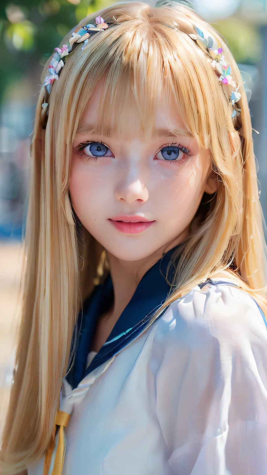 RAW Photos、((((Extremely beautiful portrait)))、(((Bright and fair skin))、1 girl、、Sailor suit、A pretty 15-year-old blonde girl、((Glossy natural blonde))、Super long straight hair、Beautiful Bangs、[Attractive bright light blue eyes]、Smooth, thin and super long hair、Eyeliner、Hair between the eyes、smile、((masterpiece、最high quality、Ultra Detail、Film Light、Intricate details、High resolution、8k、Very detailed))、Detailed Background、8k UHD、Digital SLR、Soft Light、high quality、Film Grain、Fujifilm XT3、Shallow depth of field、Natural light、(Perfect hands)、Perfect beautiful face、Small Face Beauty、round face、Cheek gloss highlighter