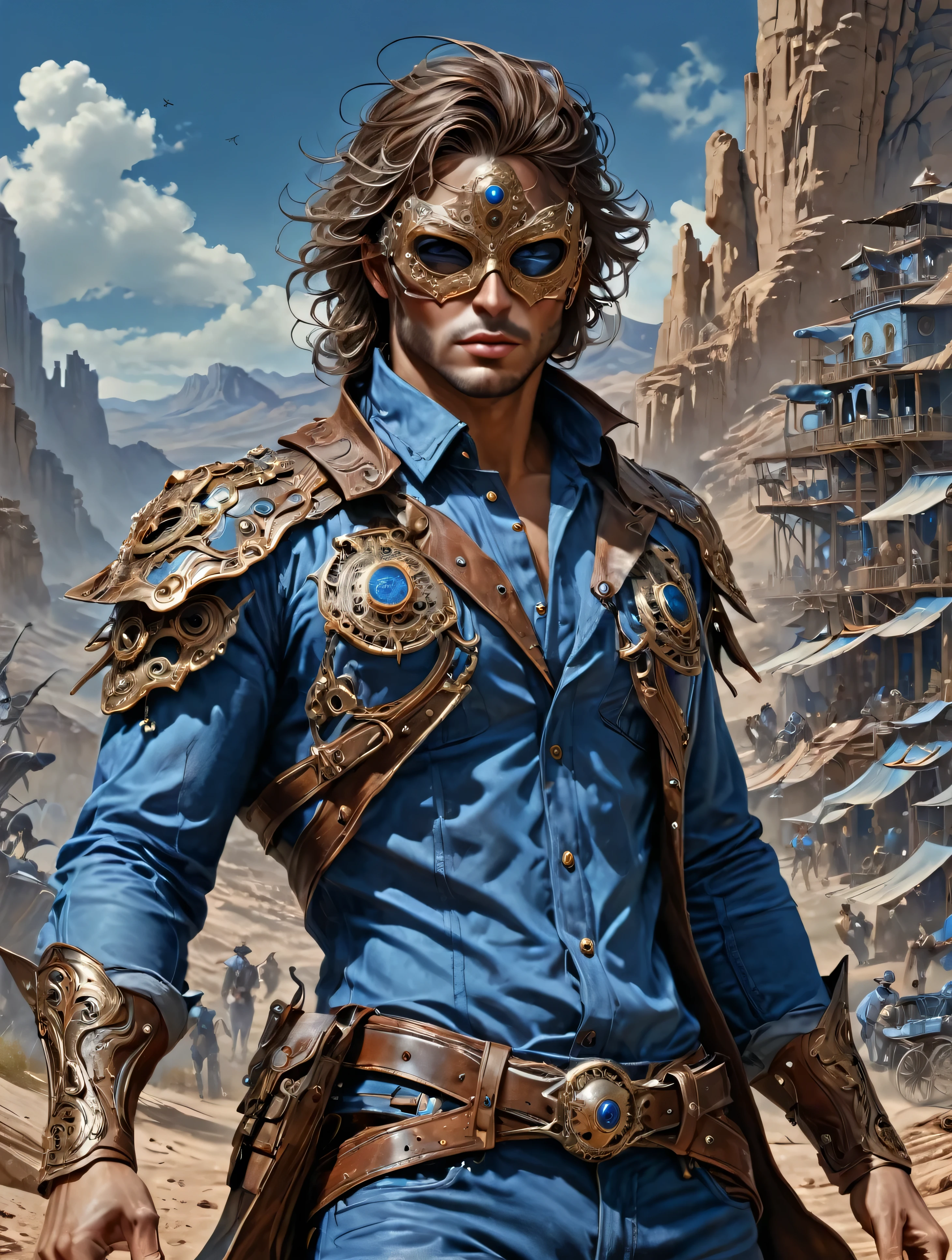 a time traveler stuck in the Wild West, with mask, blue shirt, blue pants, masterpiece,kbak style,epic,8k,cinematic,trending on artstation and deviantart,ultra detailed