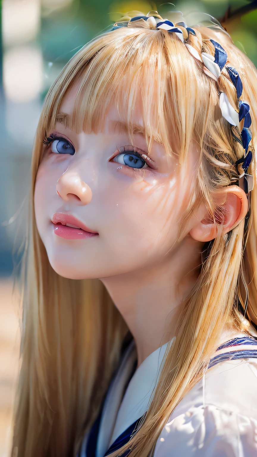RAW Photos、((((Extremely beautiful portrait)))、(((Bright and fair skin))、1 girl、、Sailor suit、A pretty -yeld ble girl、((Glossy natural blonde))、Super long straight hair、Beautiful Bangs、[Attractive bright light blue eyes]、Smooth, thin and super long hair、Eyeliner、Hair between the eyes、smile、((masterpiece、最high quality、Ultra Detail、Film Light、Intricate details、High resolution、8k、Very detailed))、Detailed Background、8k UHD、Digital SLR、Soft Light、high quality、Film Grain、Fujifilm XT3、Shallow depth of field、Natural light、(Perfect hands)、Perfect beautiful face、Small Face Beauty、round face、Cheek gloss highlighter