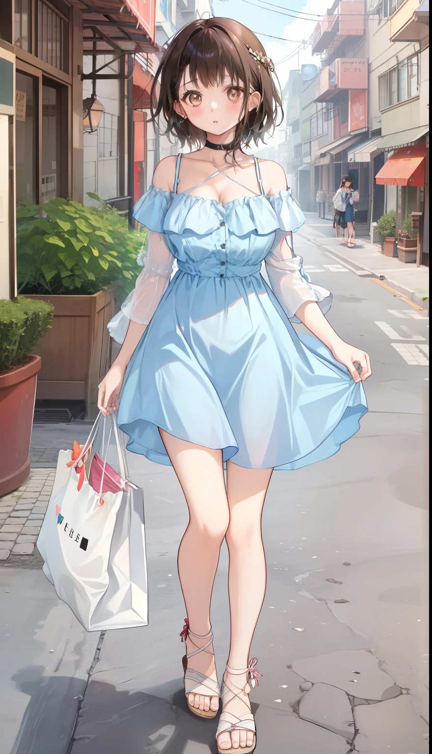 One Girl、positive、Standing posture、Full body portrait、Black Hair、Medium Haircut、blush、Absolute area、No panties、No bra、barefoot、Light blue dress、Off-the-shoulder dress、（Very large breasts）、Cleavage、((Lesbians around the world))、masterpiece、（highest quality） 、Shirt buttons fly off、Unbutton your shirt、Exposing the breasts、In town、Date、Shopping Street、White Sandals、A man stands behind