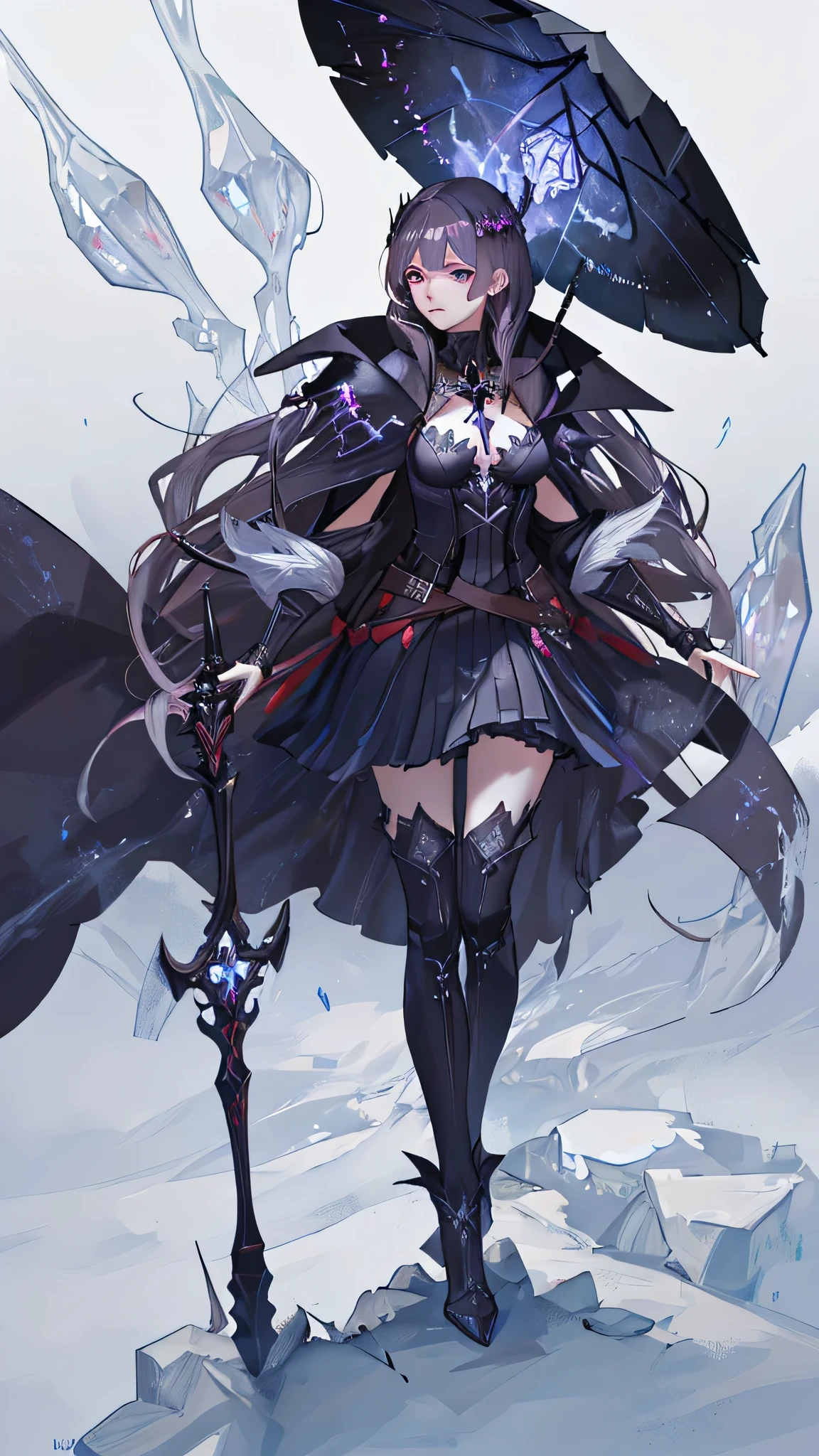 “Beside the young warrior on the burning battlefield stands a powerful witch. She wears a flowing black cloak adorned with intricate silver patterns, and her long, dark purple hair cascades down her back. Her eyes are a deep emerald green, and she wields a staff topped with a glowing crystal. She is casting a protective spell, with magical runes swirling around her. The scene is dark and intense, filled with the smoke and flames of battle. The style is realistic fantasy, resembling a dramatic movie scene.”