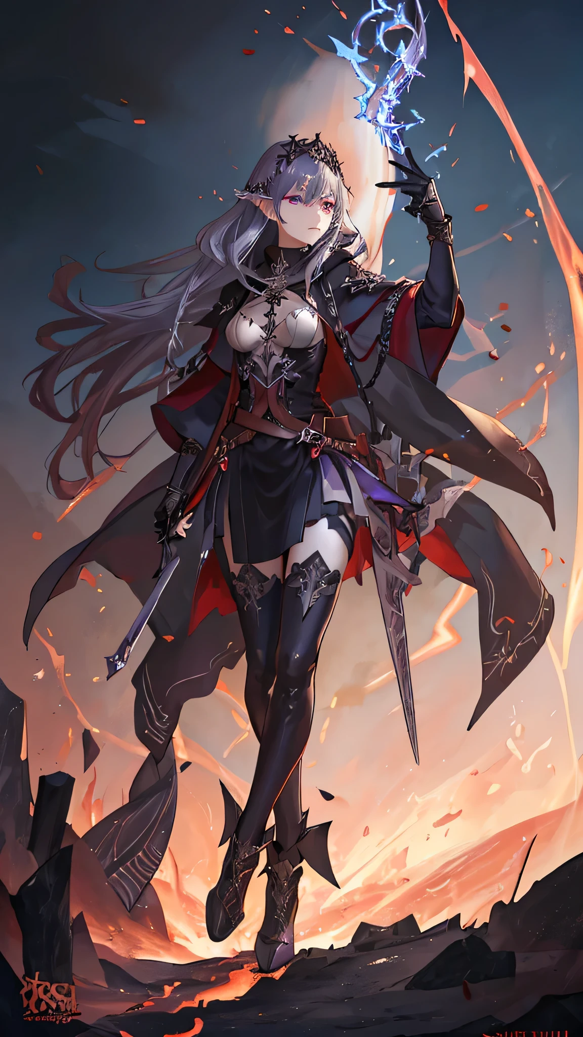 “Beside the young warrior on the burning battlefield stands a powerful witch. She wears a flowing black cloak adorned with intricate silver patterns, and her long, dark purple hair cascades down her back. Her eyes are a deep emerald green, and she wields a staff topped with a glowing crystal. She is casting a protective spell, with magical runes swirling around her. The scene is dark and intense, filled with the smoke and flames of battle. The style is realistic fantasy, resembling a dramatic movie scene.”