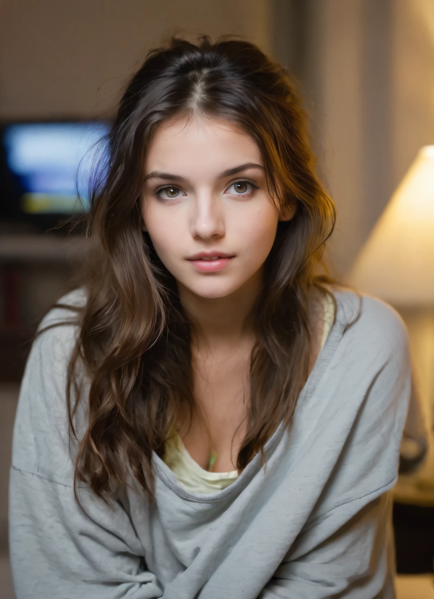 25 yo girl, brunette, close-up, girl next door, baggy clothes, night, interior, messy hair