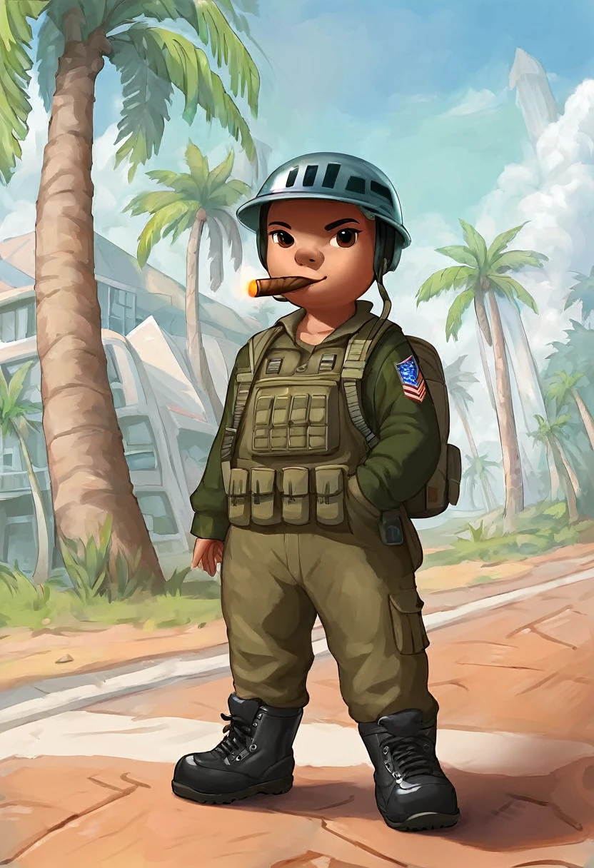 rating_safe, Mertle_Edmonds, 1girl, solo, Advanced Combat Helmet, combat fatigues, combat boots, holding rifle, cigar in mouth, full body, little_child, female_child, standing on the street, palm trees, looking at viewer, score_9, score_8_up, score_7_up, score_6_up, score_5_up, score_4_up