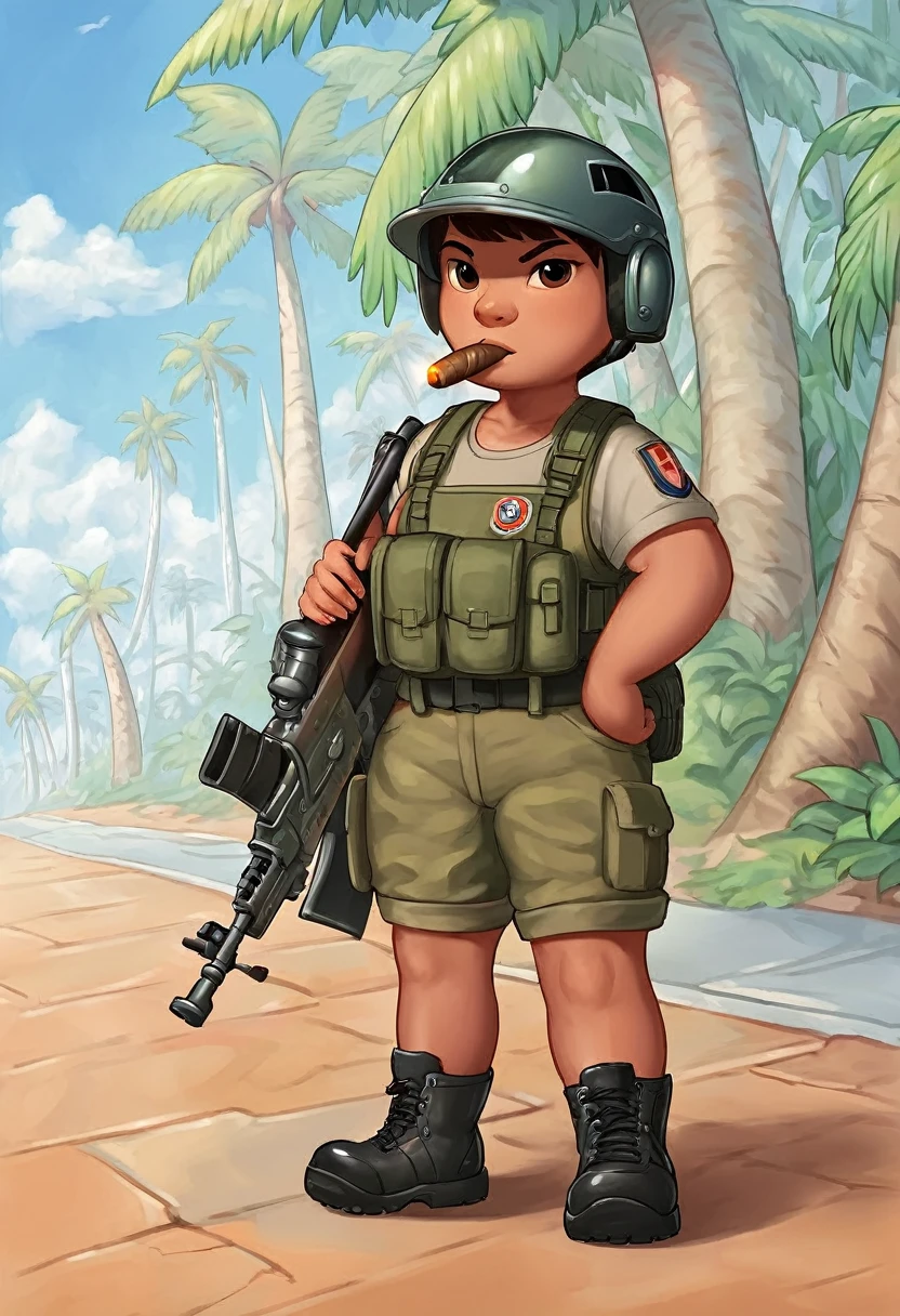 rating_safe, Mertle_Edmonds, 1girl, solo, Advanced Combat Helmet, combat fatigues, combat boots, holding rifle, cigar in mouth, full body, little_child, female_child, standing on the street, palm trees, looking at viewer, score_9, score_8_up, score_7_up, score_6_up, score_5_up, score_4_up