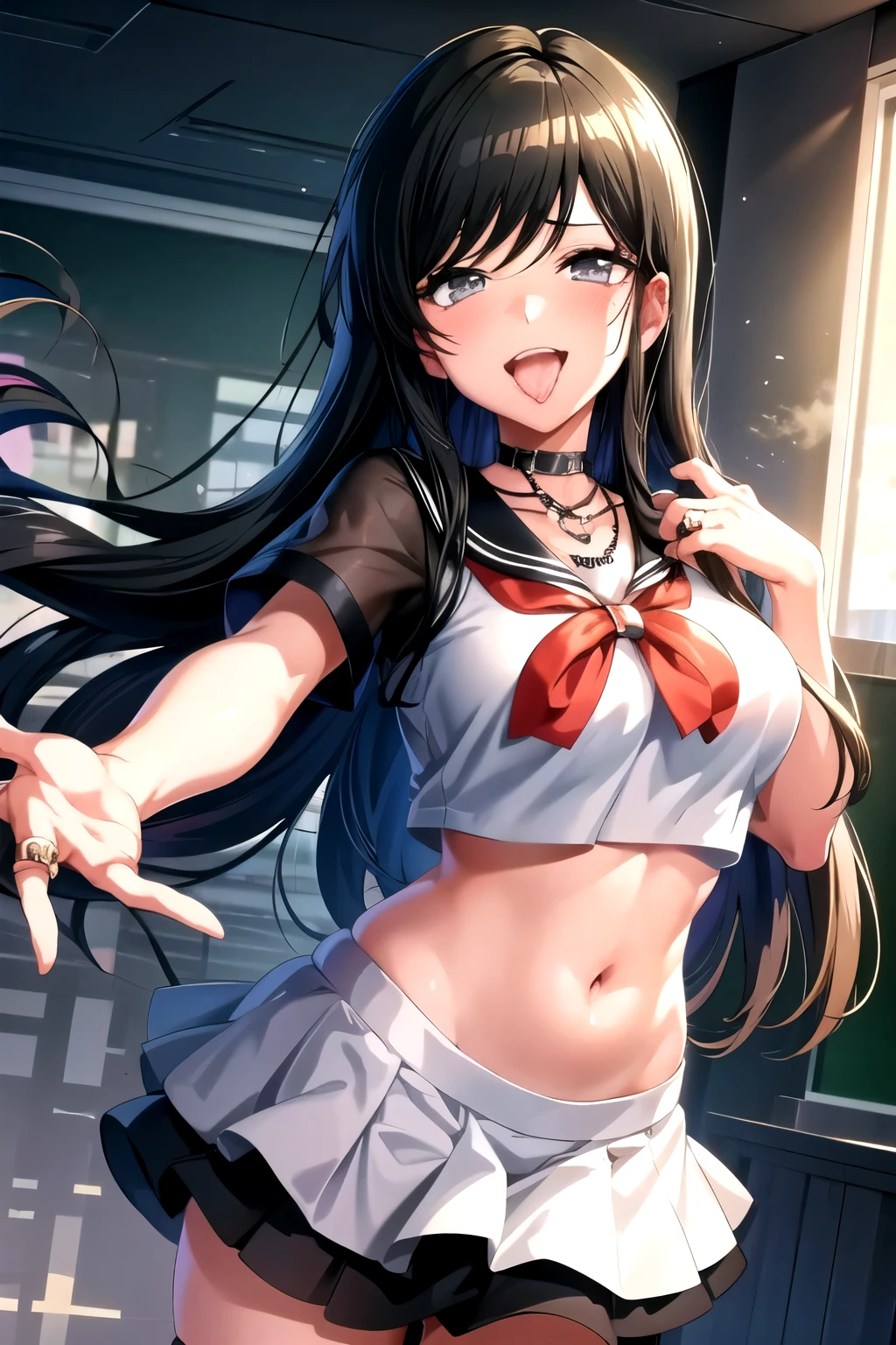 tsubakid4dj,  jewelry, very long hair, choker, shiny, necklace, shiny hair,  swept bangs, ring, big breast, blush, lipstick, masterpiece, best quality, highly detailed, a anime girls in sailor uniforms with a gun posing for a picture, evil smile, smile, open mouth,black_serafuku, ecchi anime style, anime girls , ecchi style, ecchi, shipgirls, digital anime art!!, high school girls, holding a gun, hold a gun, anime style 4 k, micro skirt, exposed belly, exposed navel, exposed midriff, exposed lower belly,school, classroom , mouth open and tongue out, open,,open arms sideway, arms T-pose, smirk, standing, anime girl T posing