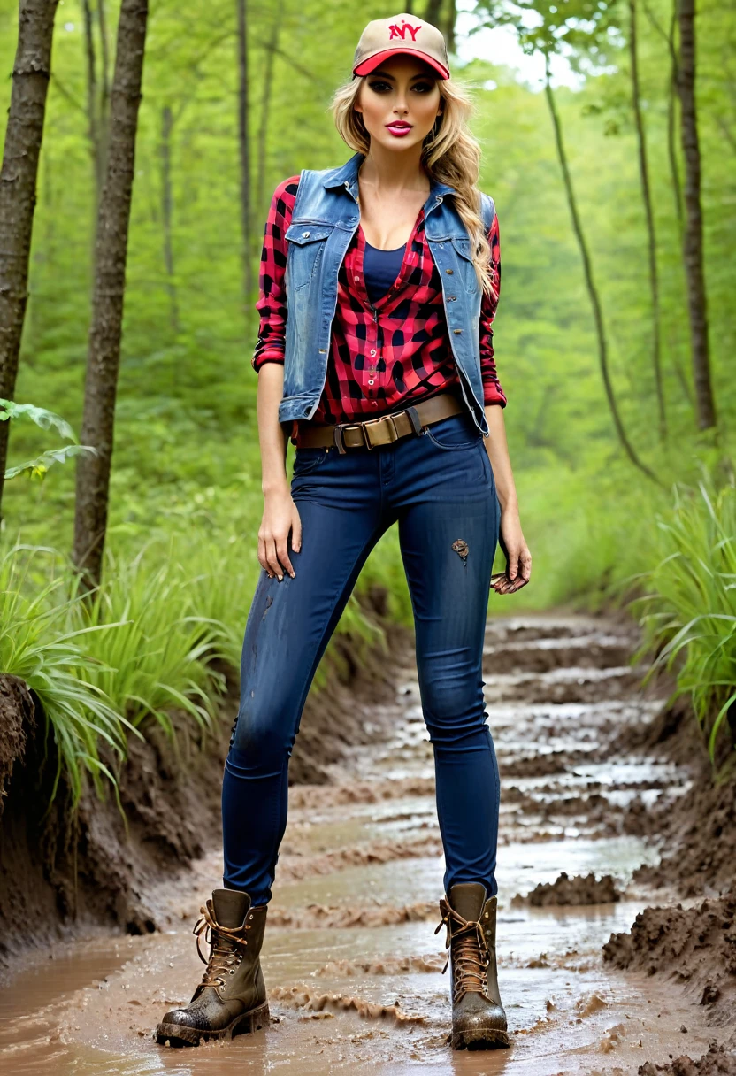 (Slim sexy body girls, long legs), hiking boots, (very muddy washed-out navy blue dirty long skinny tight jeggings:1.5), (red checkered chambray blouse with cleavage), (open military khaki sleeveless jacket), (beige baseball cap), (leather gloves), brown belt, (bolt pose, spreading legs wide showing crotch). Ultrarealistic. Vibrant colors. Sunny.