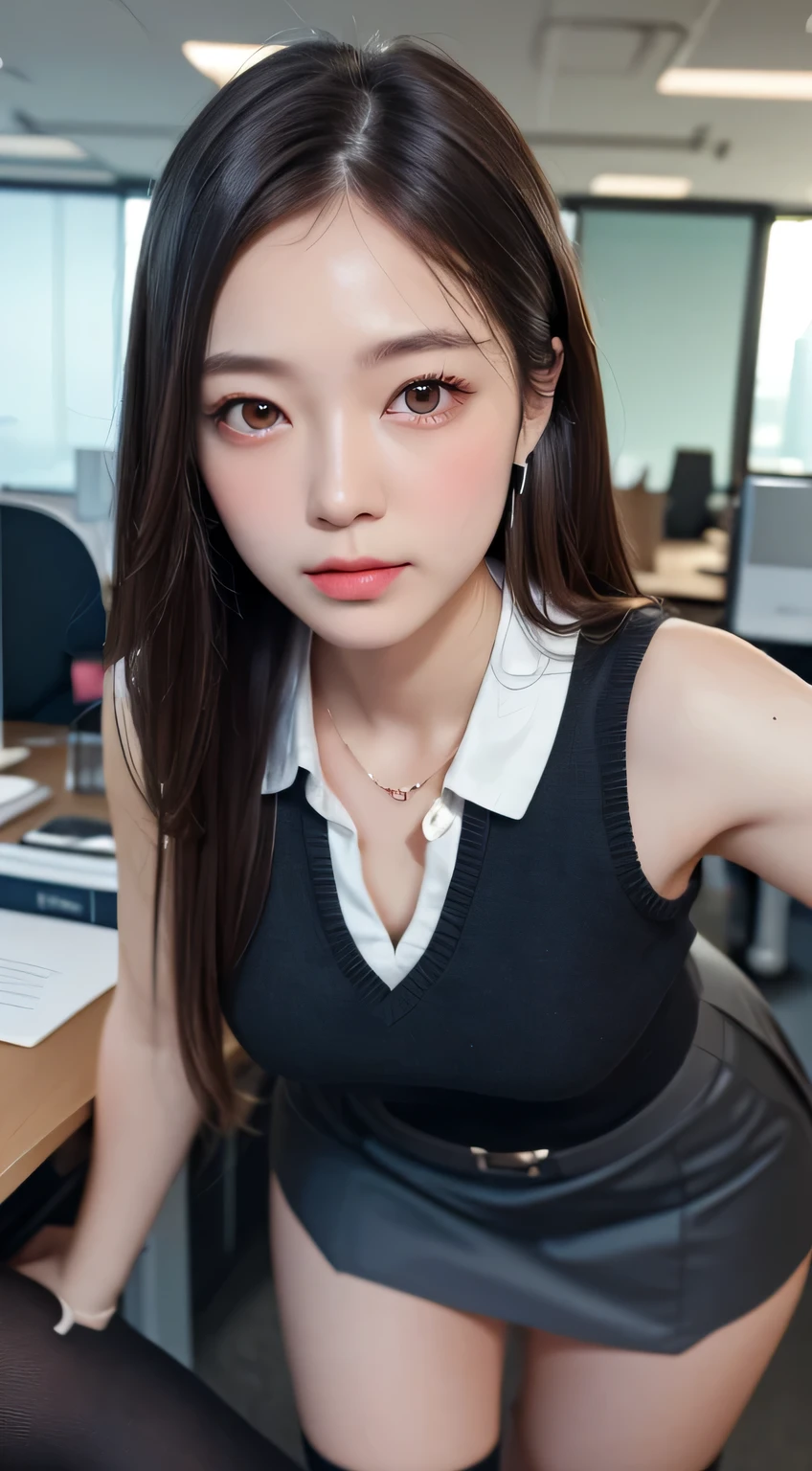 (((masterpiece))),(((High resolution)))、(((8K quality)))、(((perfect face)))、(((Beautiful office woman))), ((sleeveless)), tights, skirt, look at the camera, ((top quality eyes)), detailed face, (detailed texture), look at the camera, big