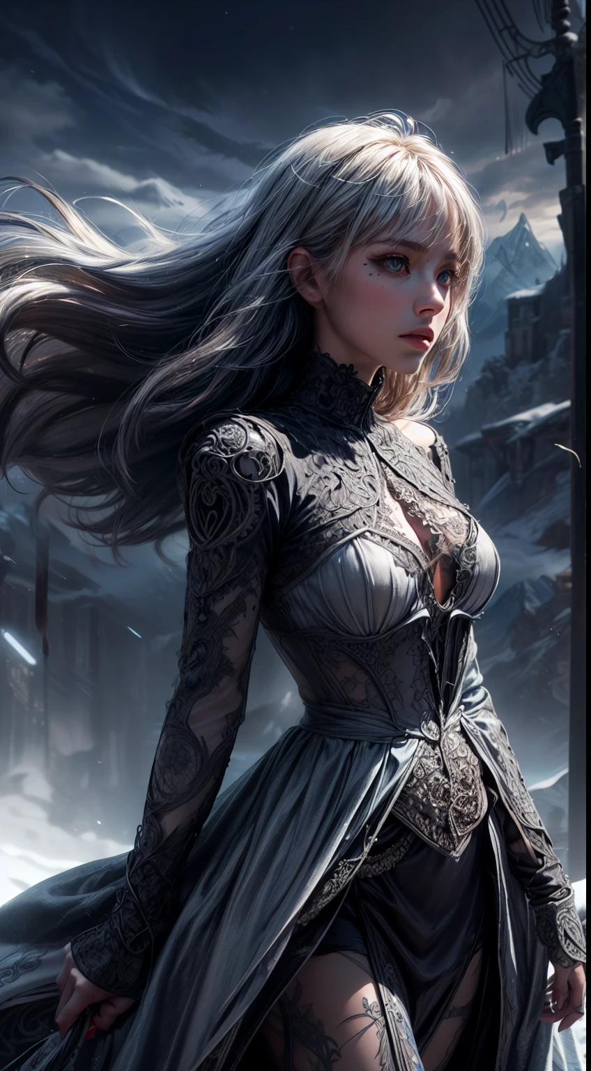 8k,Ultra Detailed, Masterpiece, Best Quality, (Very Detailed), Dynamic Angle, Mystic Emoji, Wind Effect, Fantasy Background, Edge Lighting, Cinematic Light, Ultra High Resolution, 8k Ultra HD, Film Grain, Best Shadow, Delicate, RAW, Light Particle, Detailed Skin Texture, (Fine and Intricate Armor Pattern:1.0), Detailed Face, Intricate Detail, Ultra Detail, Bright, Strong, Silver Armor, (Handheld Weapon), Slash, Slash Action, Palanquin, Glowing Eyes, Light Magic, Long Cloak, Fantasy, (Reality), Shoulder Armor, (Complex, Intricate: 2.0), Perfect Lighting, Looking at the Audience, Movie Lights, Flying in the Sky, Flying, Holy Light, Vivid, Bangs, Wind, Frozen Mountains, Long White Wave Hair, Lich Queen