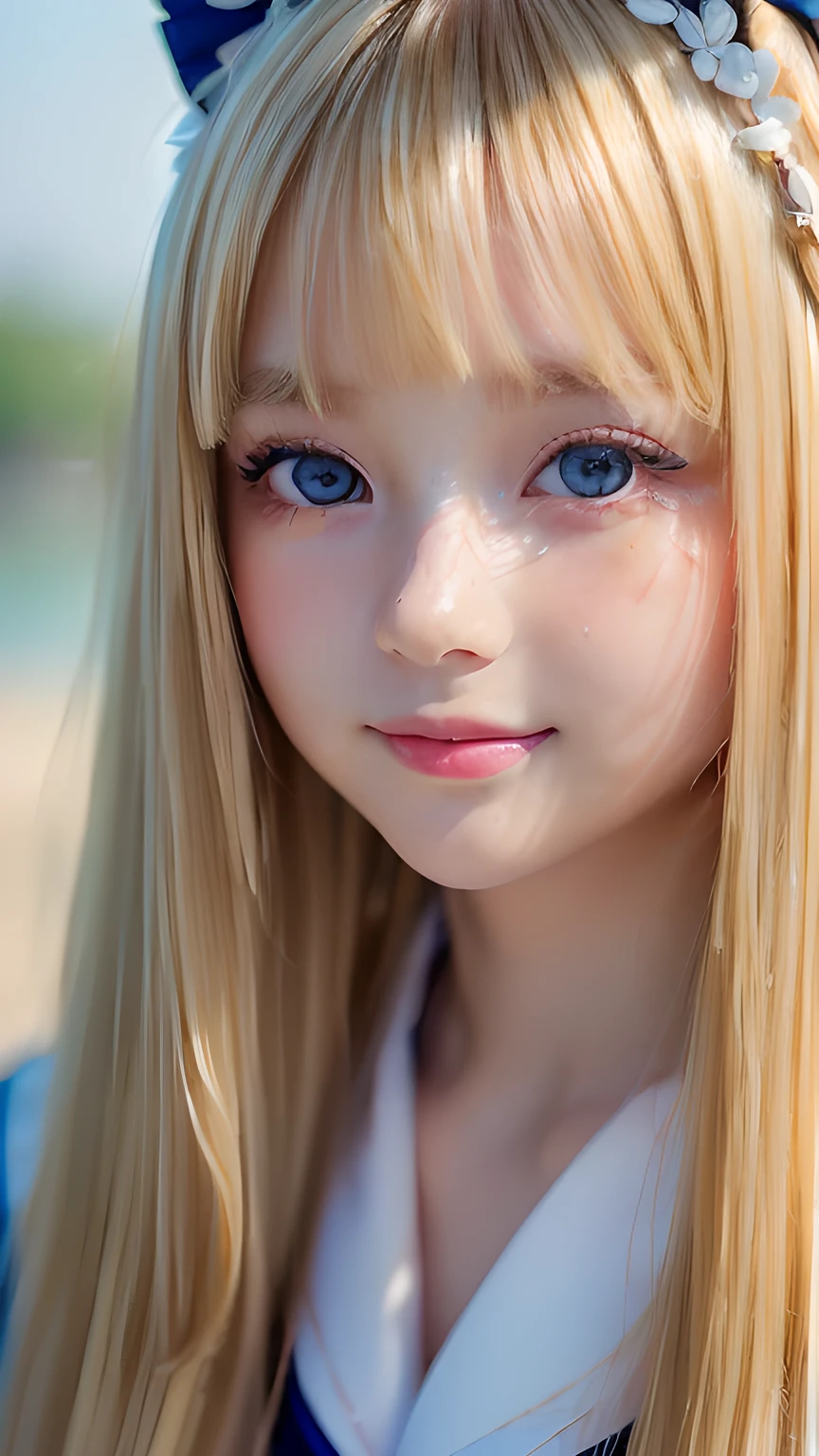 RAW Photos、((((Extremely beautiful portrait)))、(((Bright and fair skin))、1 girl、、Sailor suit、A pretty 15-year-old blonde girl、((Glossy natural blonde))、Super long straight hair、Beautiful Bangs、[Attractive bright light blue eyes]、Smooth, thin and super long hair、Eyeliner、Hair between the eyes、smile、((masterpiece、最high quality、Ultra Detail、Film Light、Intricate details、High resolution、8k、Very detailed))、Detailed Background、8k UHD、Digital SLR、Soft Light、high quality、Film Grain、Fujifilm XT3、Shallow depth of field、Natural light、(Perfect hands)、Perfect beautiful face、Small Face Beauty、round face、Cheek gloss highlighter