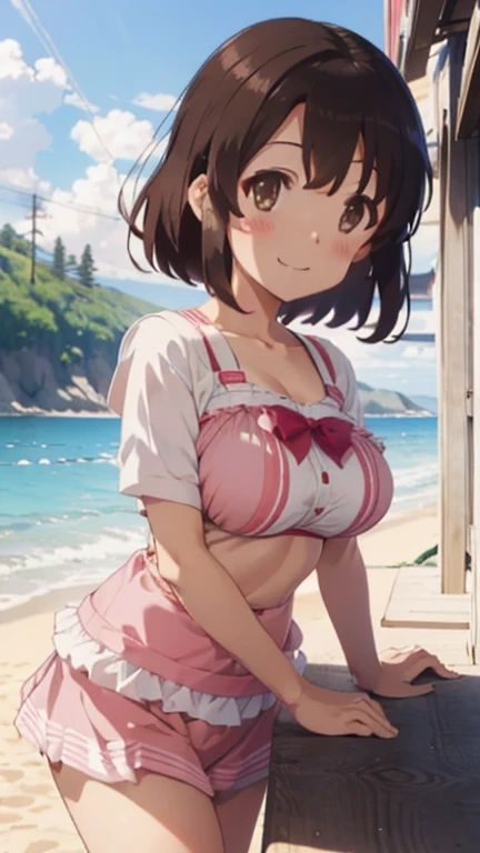 Nishizumi maho,
pink swimwear bra,Pink skirt-style beach pants,
Semi-short hair,Brown Hair,Brown Eyes,Big Breasts,
Smiling expression,blush,
Seaside,Beach parasol,Place one hand close to your head,
Beautiful image quality,